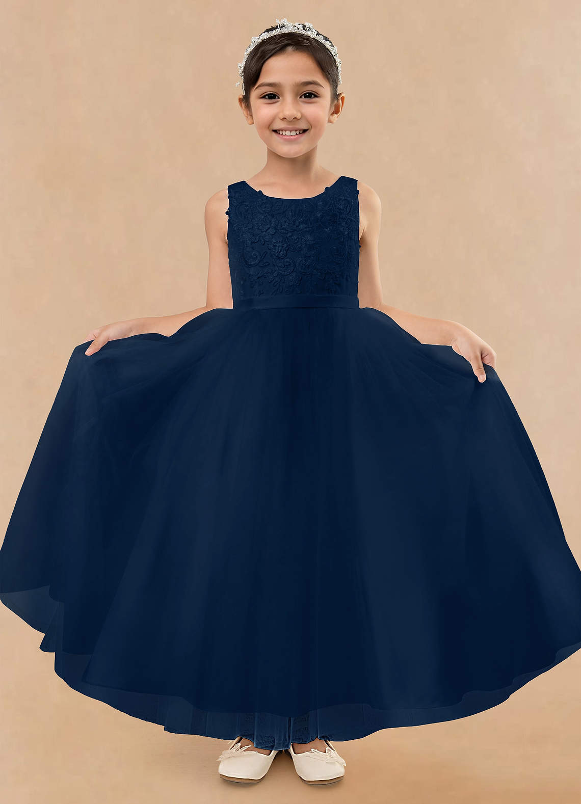 Dark Navy Azazie Calla Ball-Gown Lace Tulle Ankle-Length Dress | Azazie