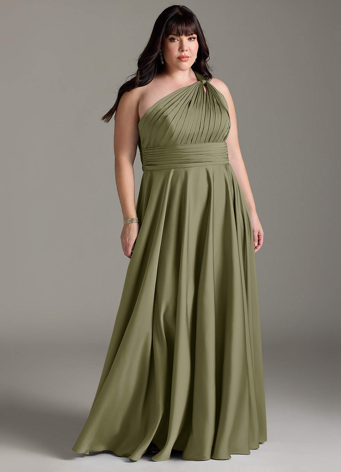 Azazie Charlize Bridesmaid Dresses Pistachio A-Line One Shoulder Stretch Satin Dress image8
