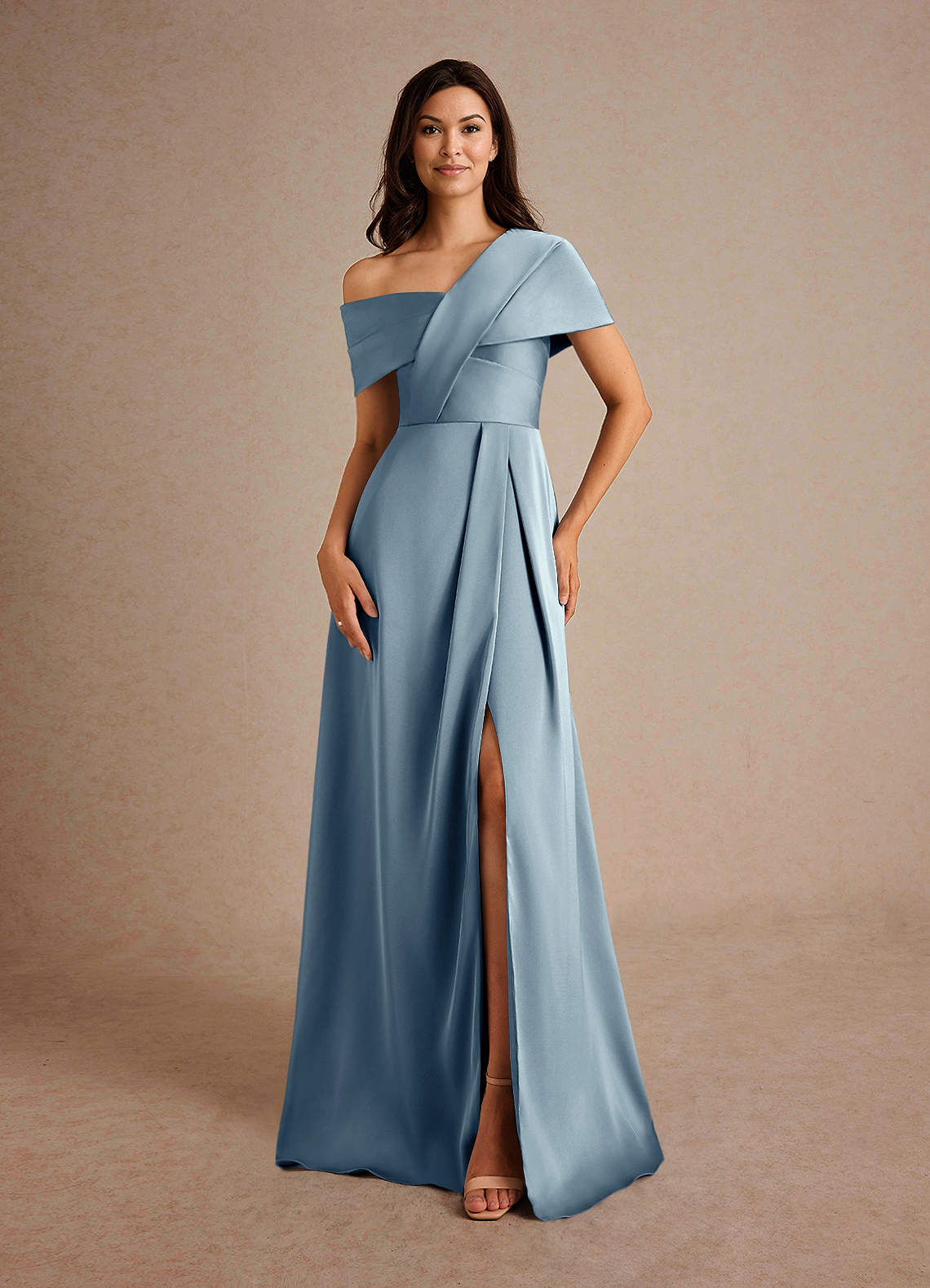 Azazie Milton Mother of the Bride Dresses Dusty Blue A-Line Pleated Stretch Satin Dress image4