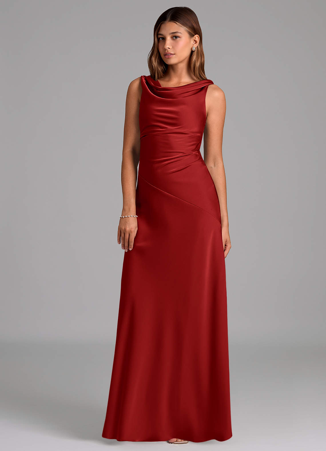 Azazie Nerine Brautjungfernkleider A-Linie Plissee Stretch-Satin Kleid Granatapfelrot image1