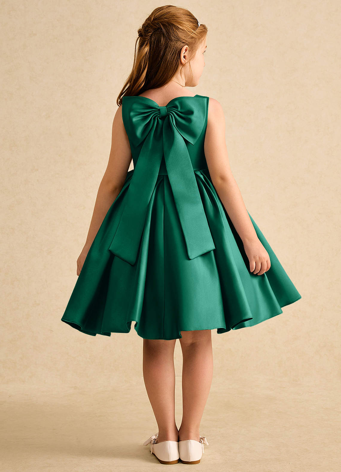 Azazie Jessie Flower Girl Dresses Emerald A-Line Bow Matte Satin Dress image1