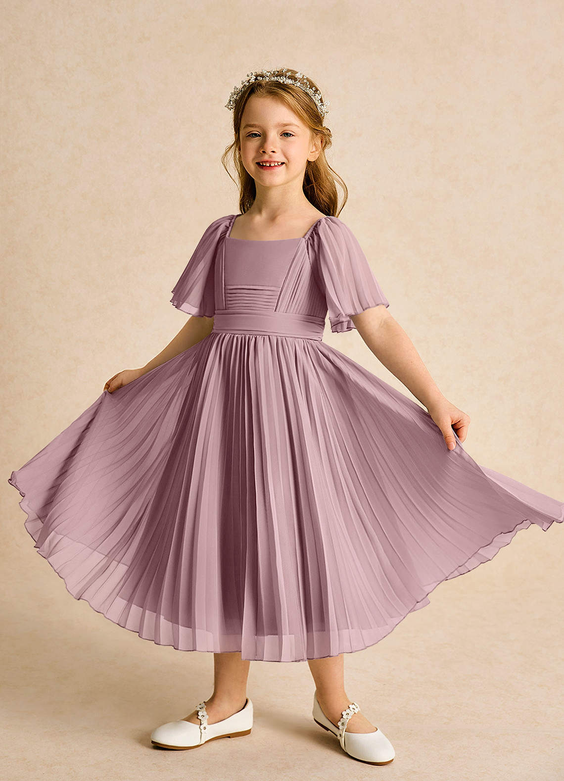 Azazie Gisele Abiti da Ragazza di Fiori Abito A-Line in Chiffon Plissettato Rosa Polverosa image3