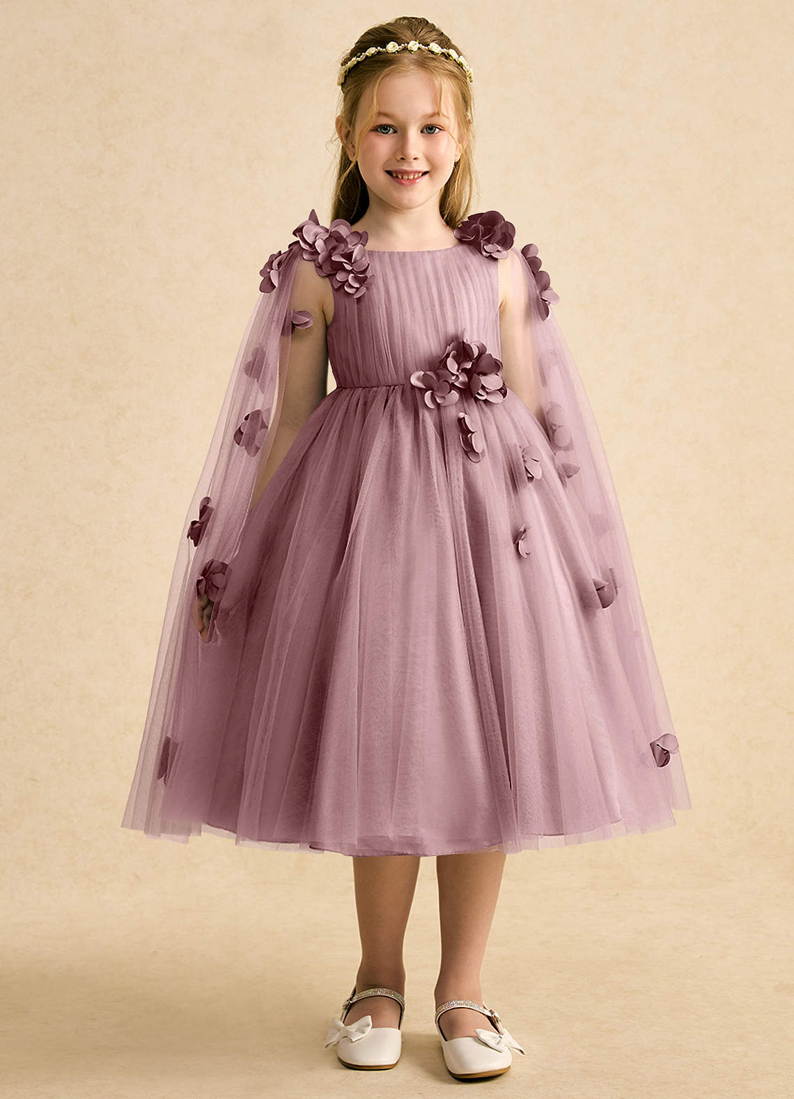 Azazie Staria Flower Girl Dresses Dusty Rose Ball-Gown Ruched Tulle Dress image5