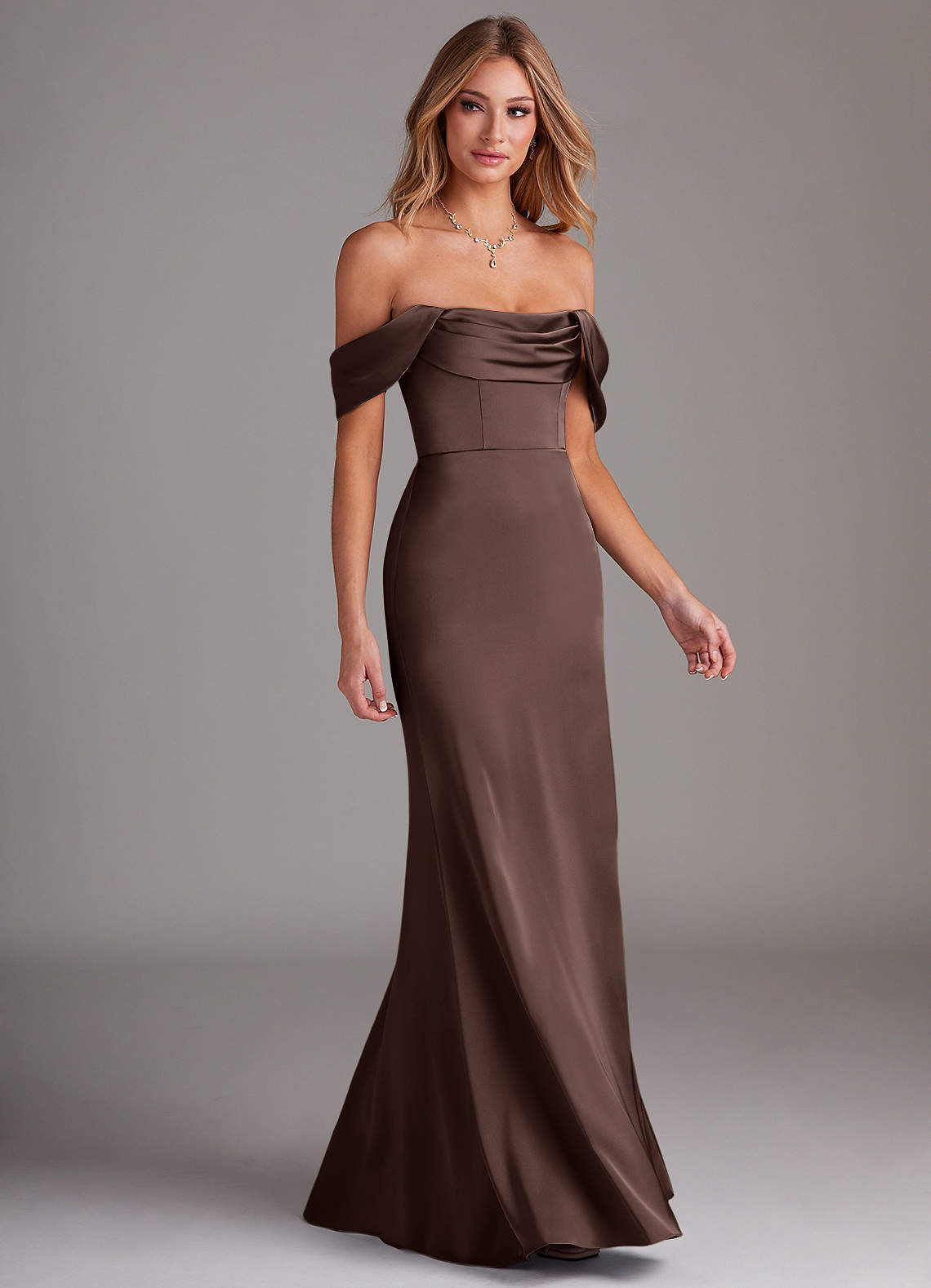 Azazie Saige Bridesmaid Dresses Ganache Sheath Off the Shoulder Stretch Satin Dress image5