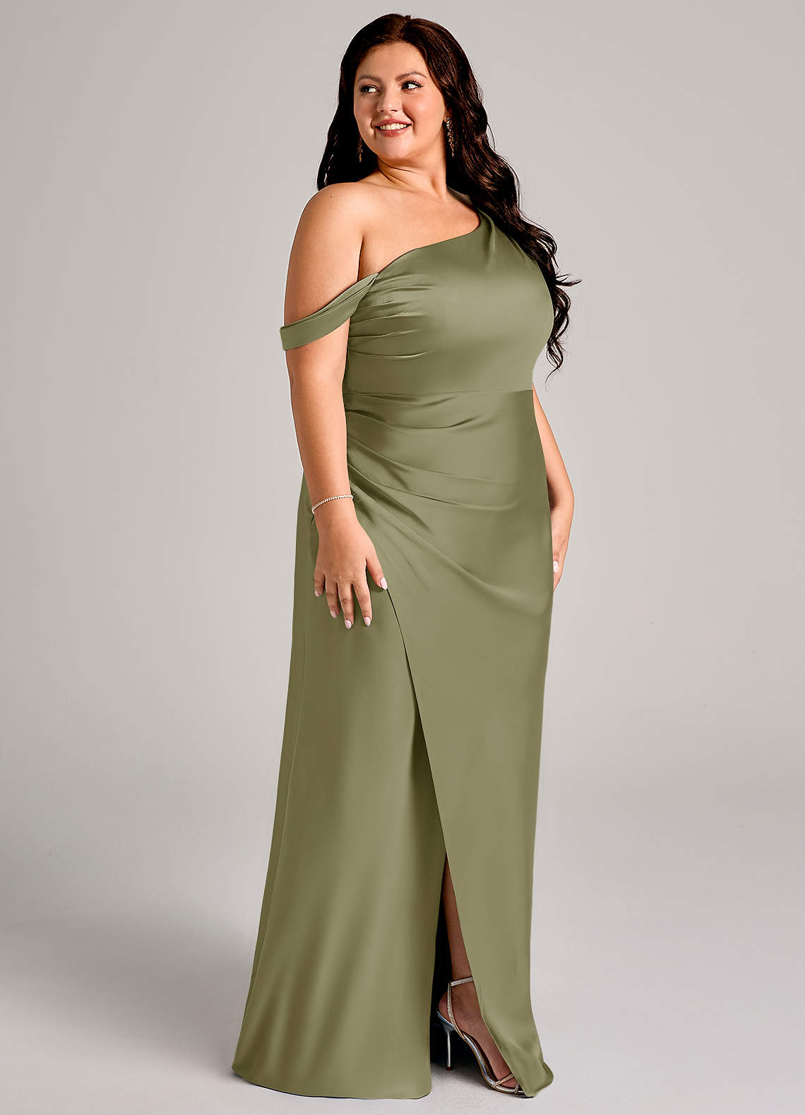Azazie Madelyn Bridesmaid Dresses Pistachio Mermaid One Shoulder Stretch Satin Convertible Dress image11