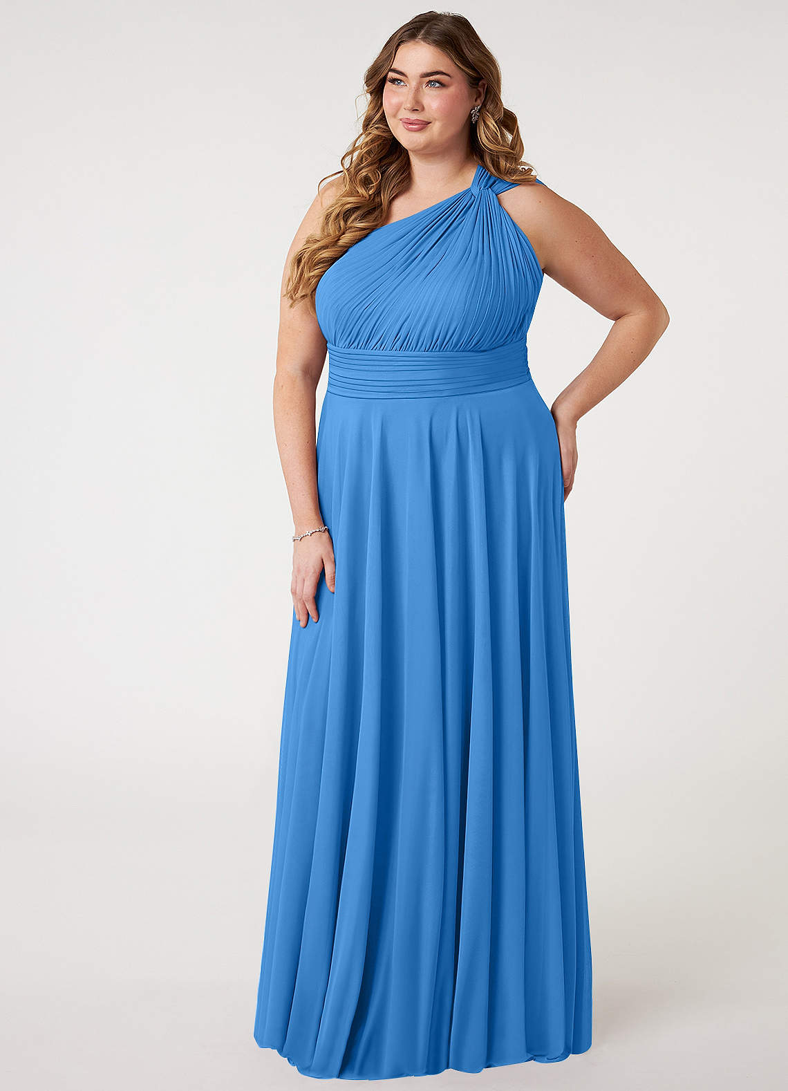 Azazie Charlize Vestidos de damas de honor Vestido de Azul Grisaceo de Malla de Corte en A con Hombro unilateral image7