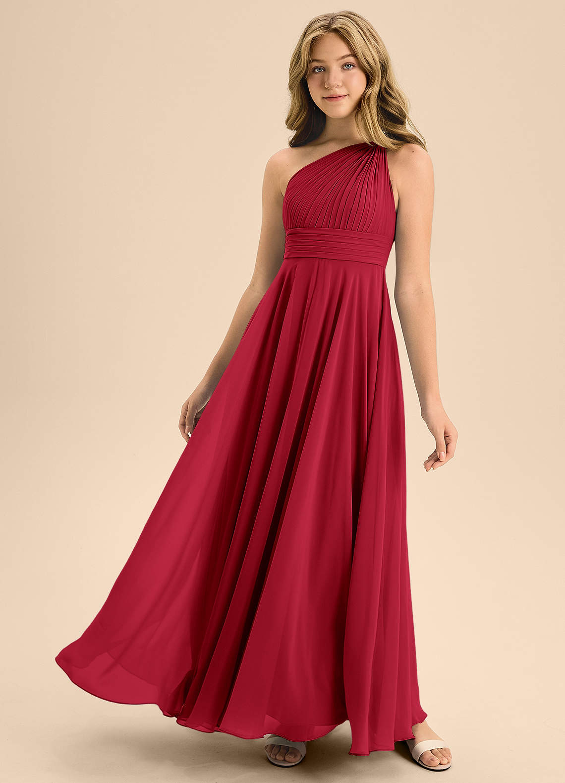 Azazie Charlize Junior Scarlet A-Line Pleated Chiffon Dress image1