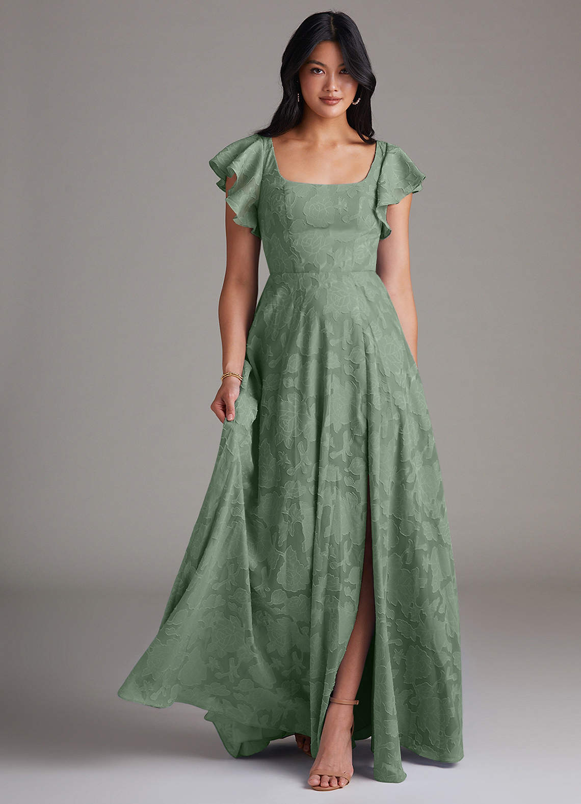 Azazie Bondi Bridesmaid Dresses Matcha A-Line Side Slit Floral Burnout Dress image1