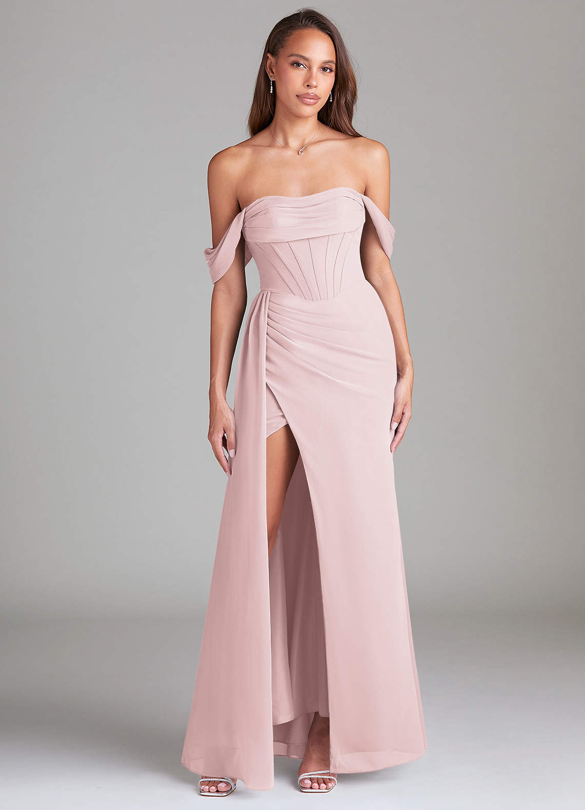 Azazie Amyra Bridesmaid Dresses Blushing Pink Sheath Off the Shoulder Chiffon Convertible Dress image1