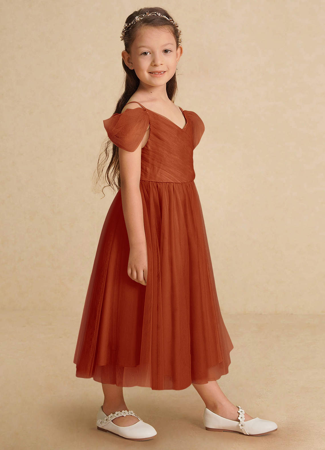 Azazie Lizzette Flower Girl Dresses Paprika A-Line Ruched Tulle Dress image1