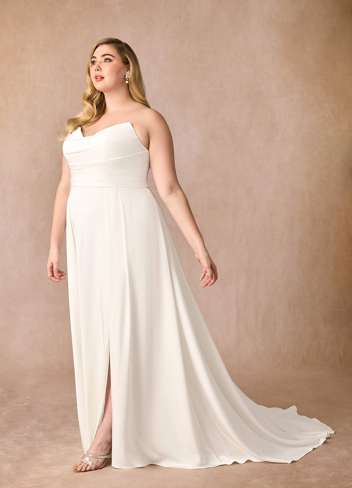 Azazie 2024 Plus Size A Line Modern White Beach Wedding Dress Beaded Chapel Train Crepe Back Satin V Neck With Slits