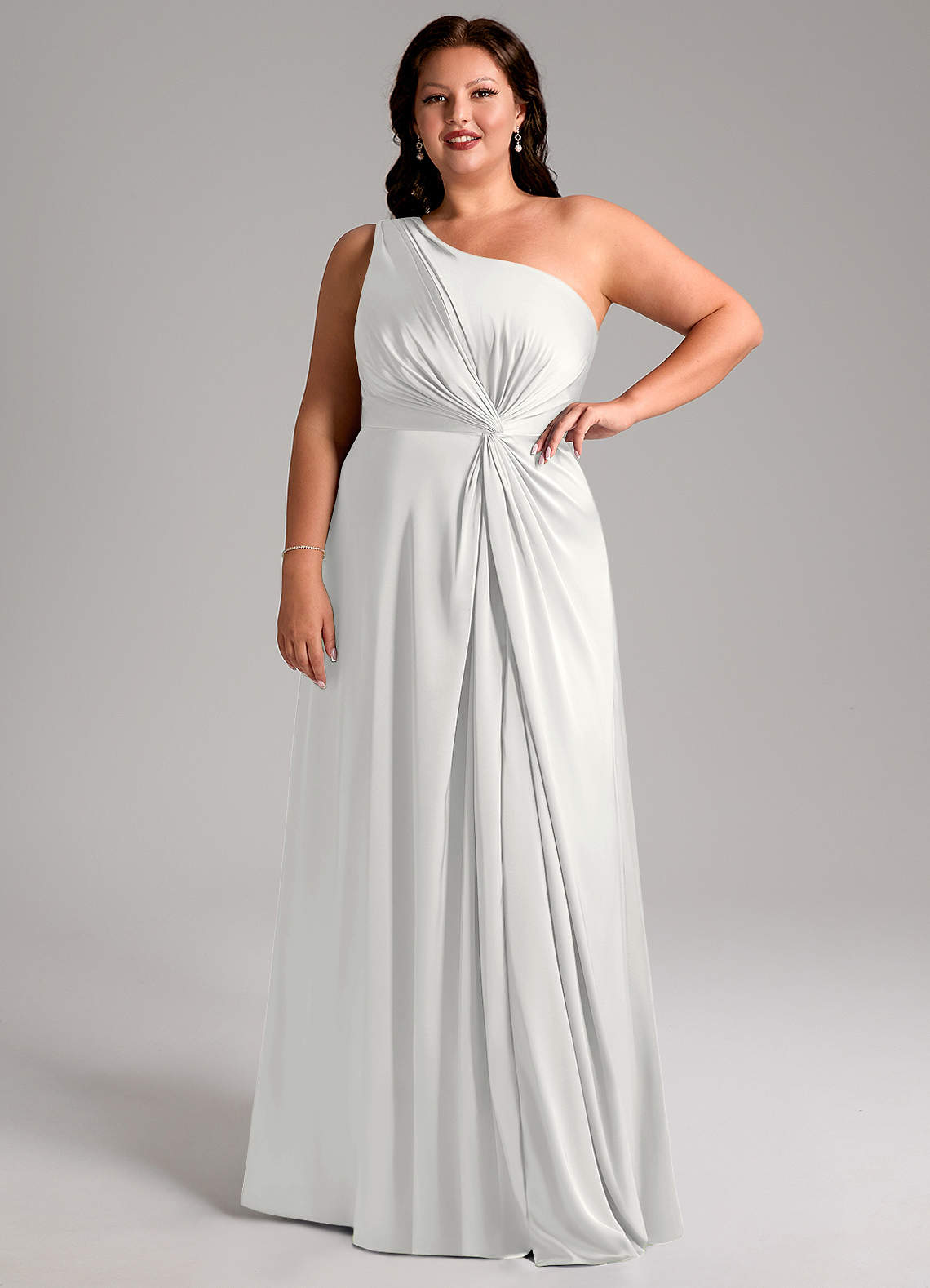 Azazie Brooke Vestidos de madrinha de casamento Vestido Branco de Cetim elástico de Linha A com Um ombro image12