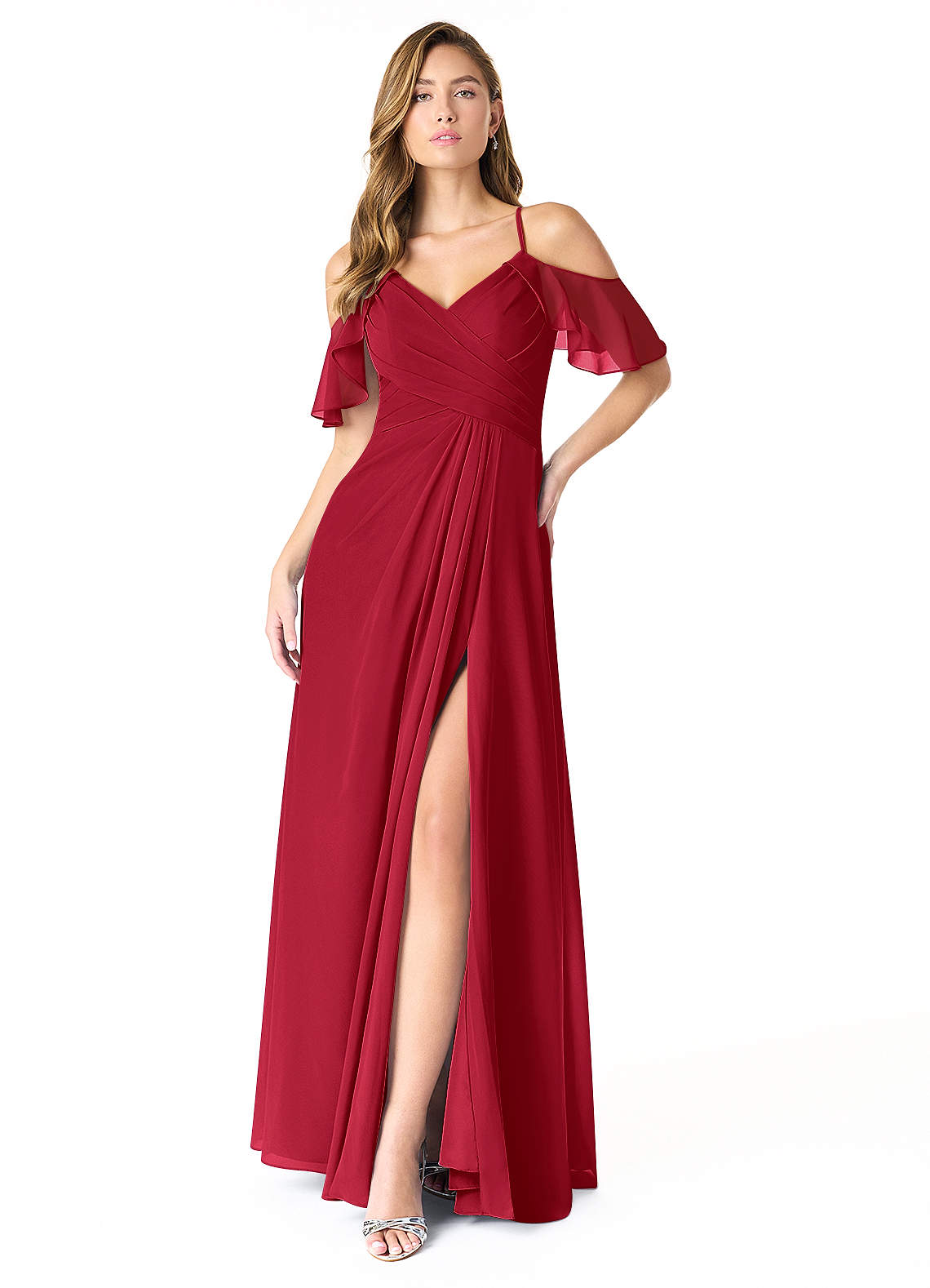 Azazie Dakota Brautjungfernkleider A-Linie V-Hals Gefaltet Chiffon Kleid Scharlachrot image1