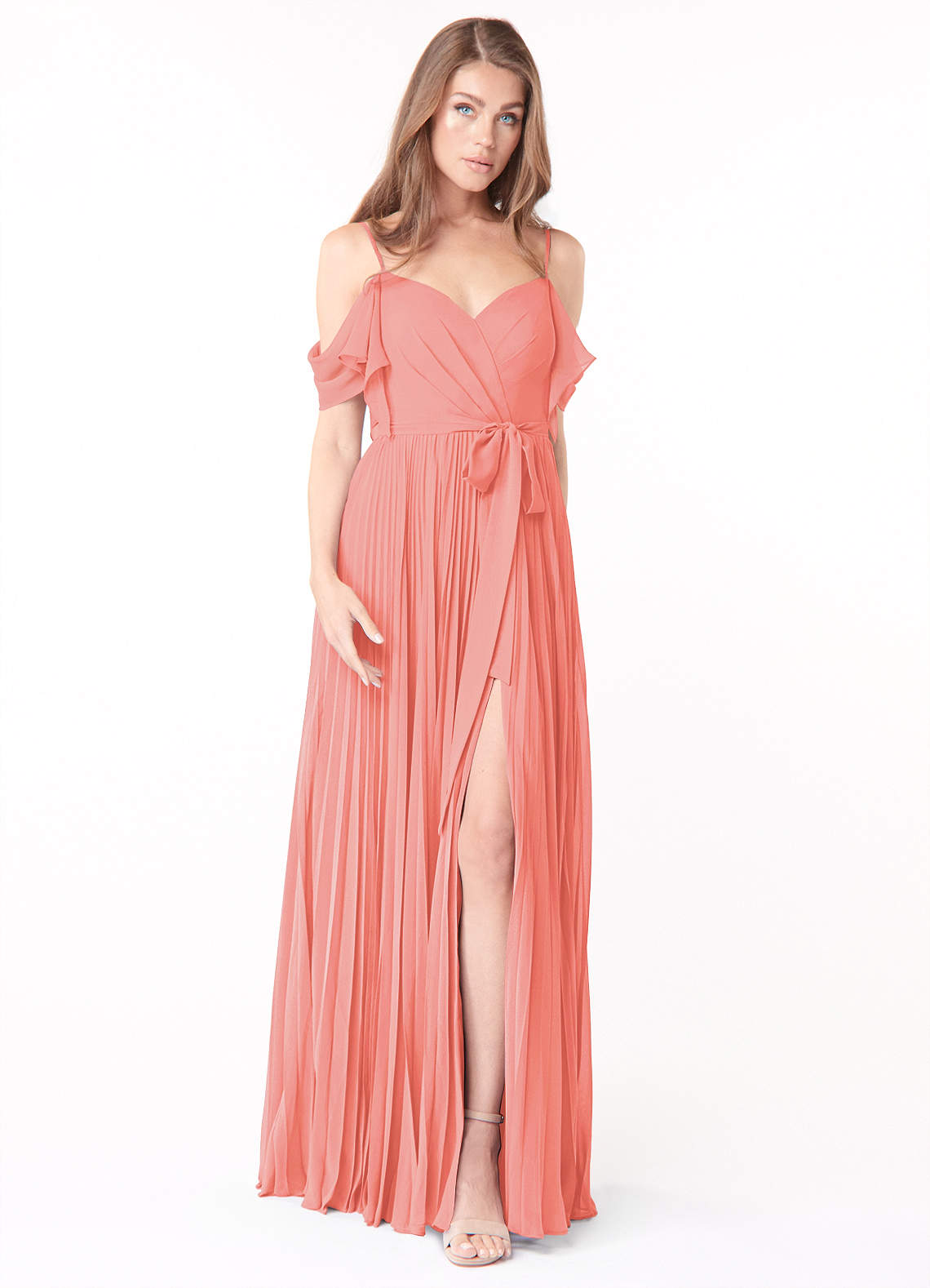 Azazie Lyney Jurken voor bruidsmeisjes Jurk van Chiffon met A-Lijn Off the Shoulder Koraal image1