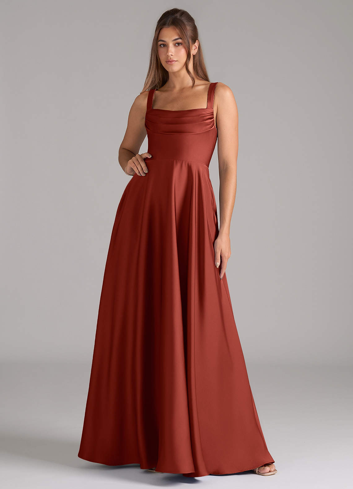 Azazie Shaude Bridesmaid Dresses Terracotta A-Line Pleated Stretch Satin Dress image1