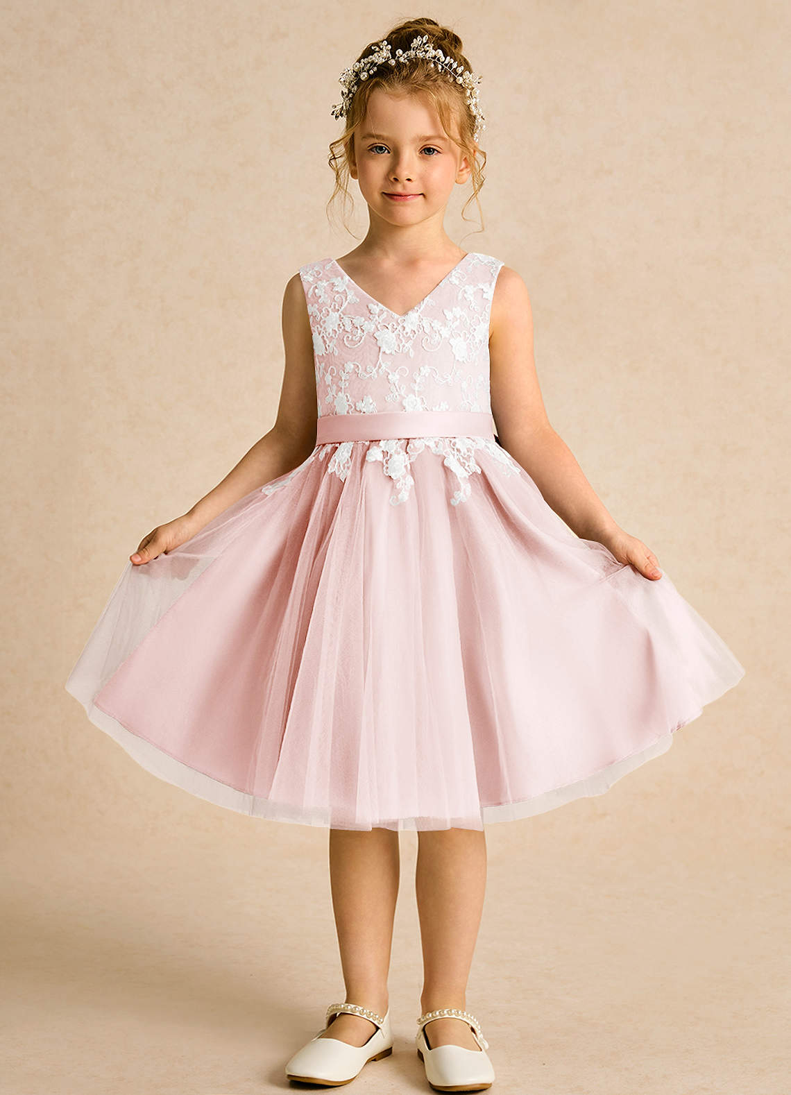 Azazie Butterfly Flower Girl Dresses Blushing Pink A-Line Lace Dress image1