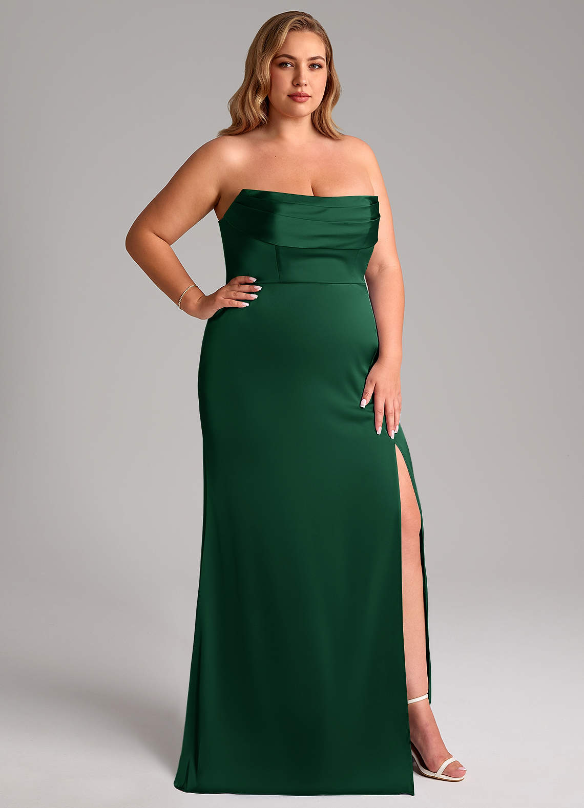 Azazie Saige Bridesmaid Dresses Dark Green Sheath Off the Shoulder Stretch Satin Dress image16