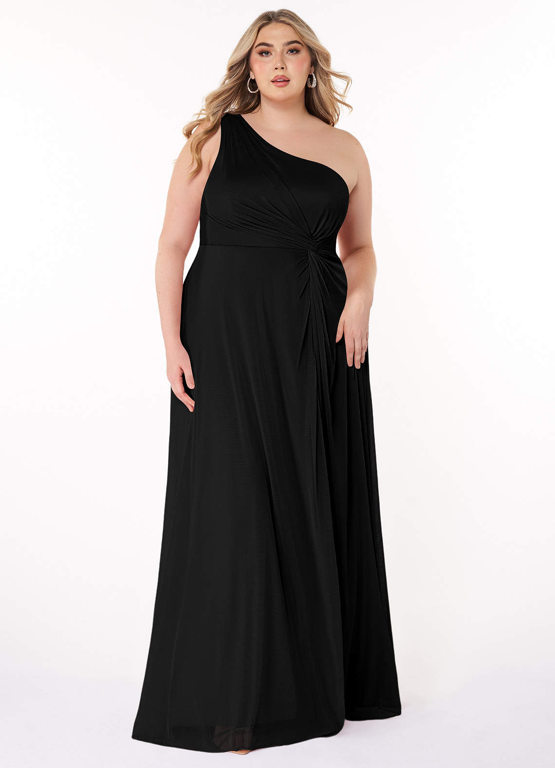 Azazie Brooke Bridesmaid Dresses Black A-Line One Shoulder Mesh Dress image1