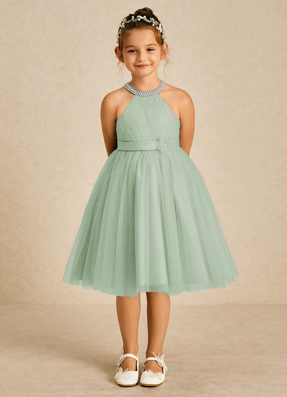 Azazie Honey Blumenmädchenkleider A-Linie Mit Perlen Matte Satin Kleid Agave image1