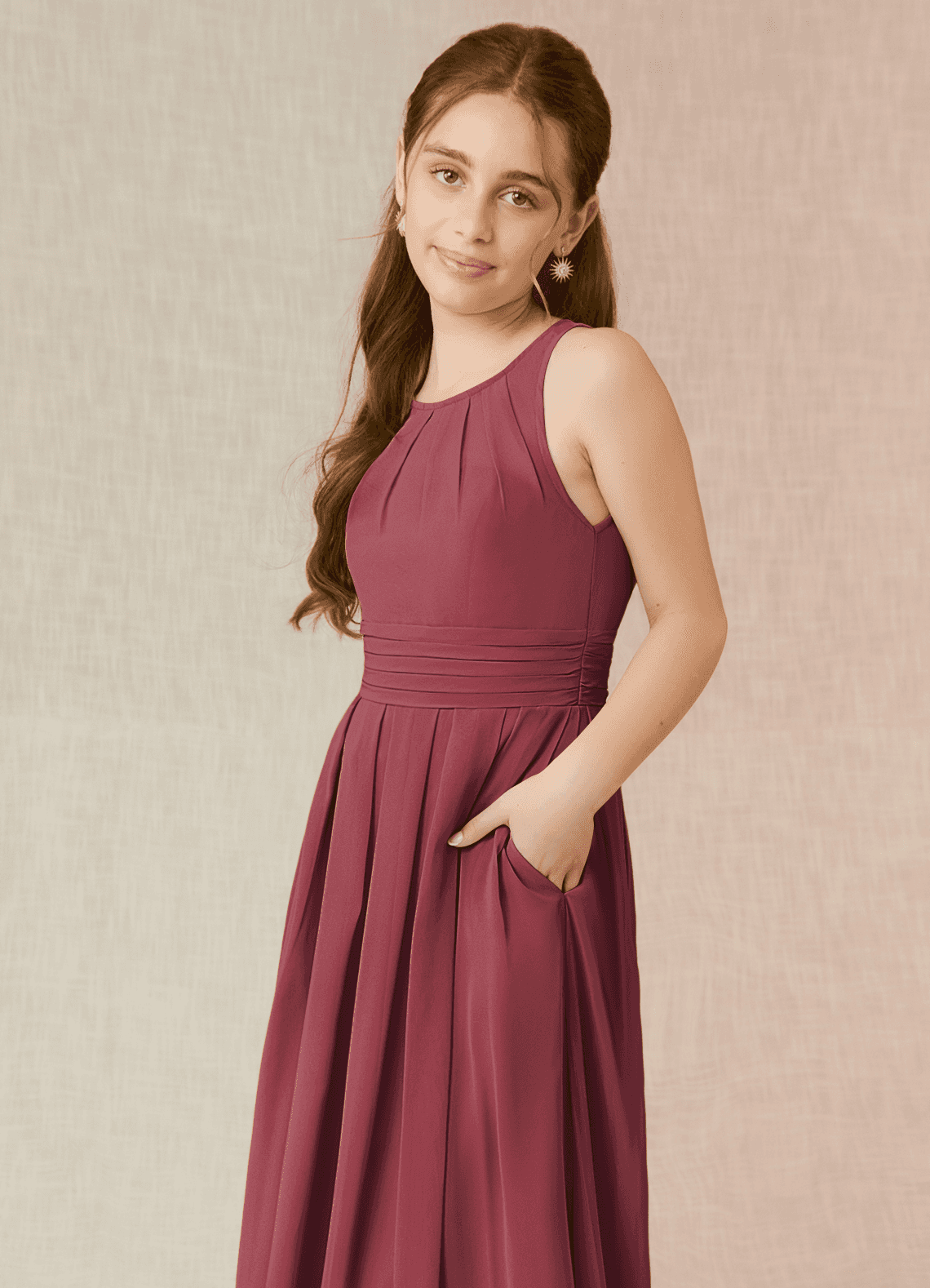 Azazie Bibiane Junior A-Linie Plissee Chiffon Kleid Merlot image6
