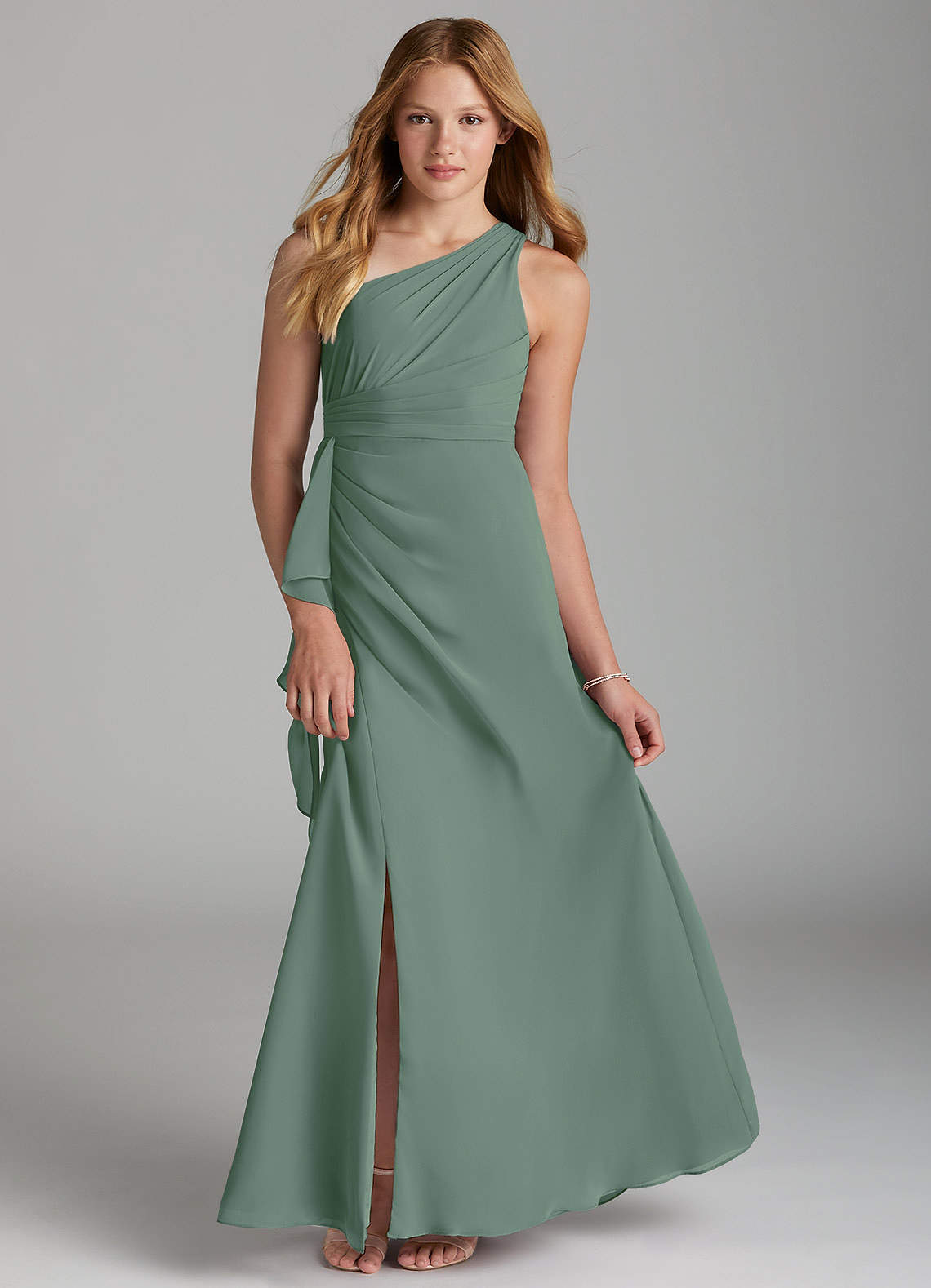 Azazie Maive Junior A-Linie Plissee Chiffon Kleid Eukalyptus image1