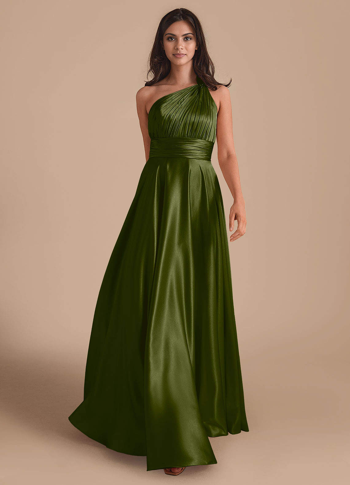 Azazie Charlize Vestidos de damas de honor Vestido de Oliva de Satén Metálico de Corte en A con Hombro unilateral image1