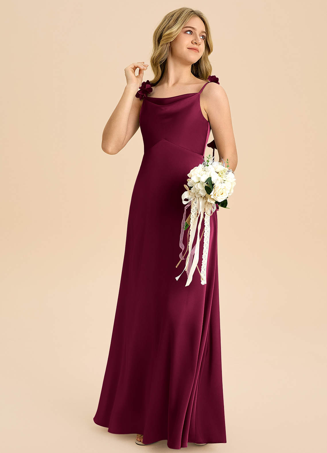 Azazie Gumdrop Junior Burgundy Empire Pleated Stretch Satin Dress image3