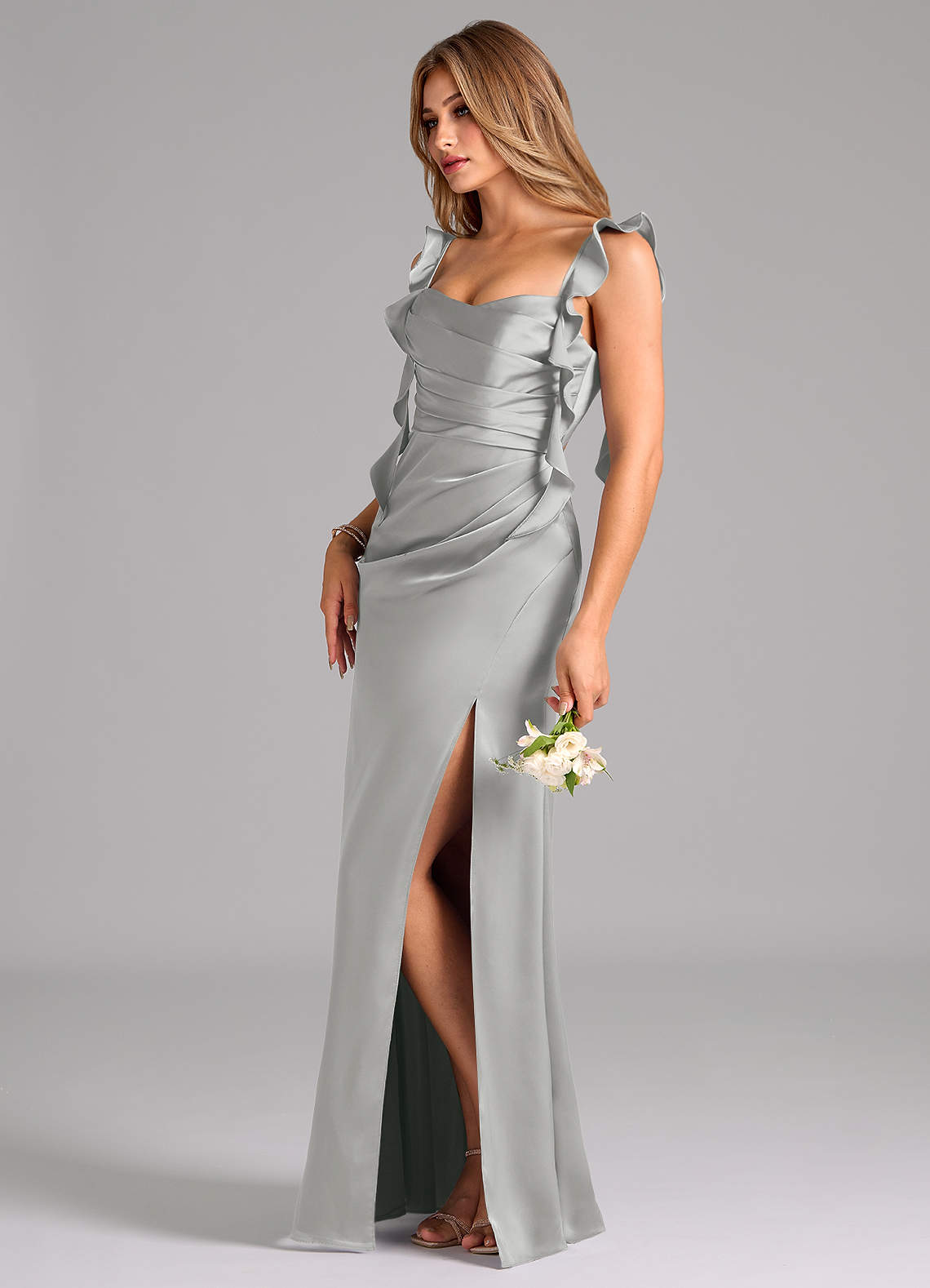 Azazie Jessamine Bridesmaid Dresses Silver Sheath Corset Stretch Satin Dress image4