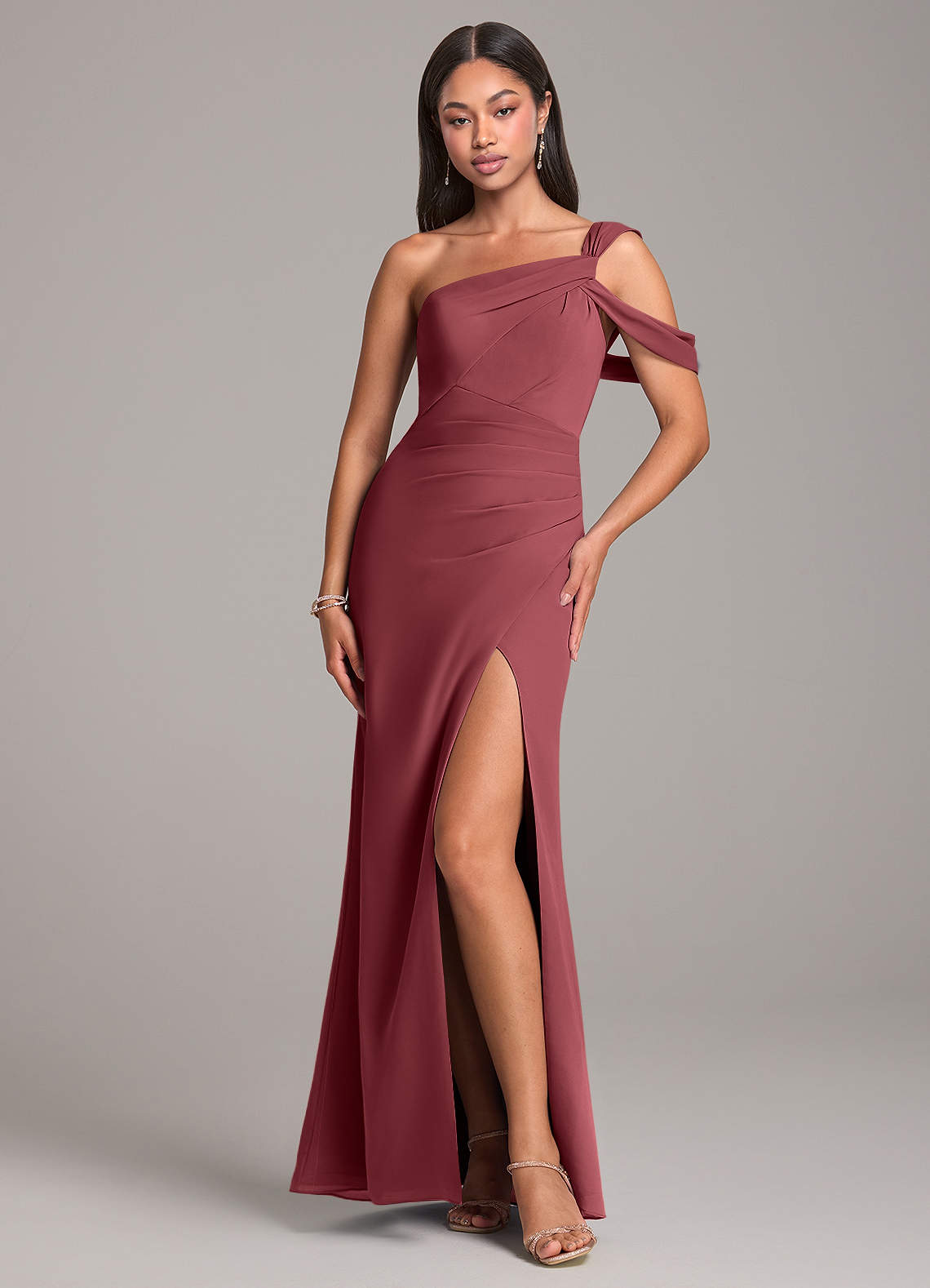 Azazie Wynter Bridesmaid Dresses Merlot Sheath Off the Shoulder Chiffon Dress image1