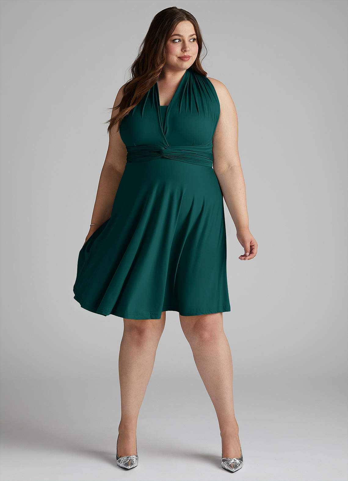 Azazie Infinity Jersey Knee Length Wrap A-Line Dress Emerald Bridesmaid ...