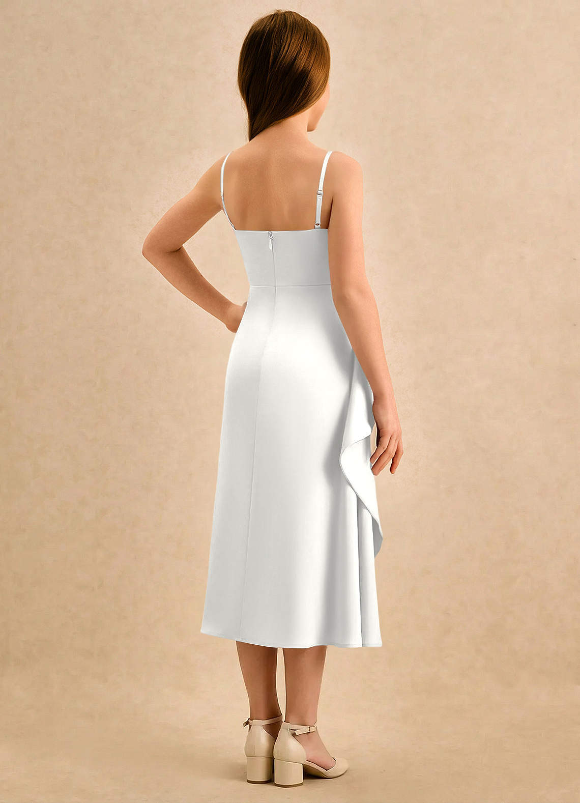 Azazie Canna Girls Formal Sukienki dla dziewczynek sypiących kwiaty Linia A Pofałdowany Satyna elastyczna Długość herbaty Sukienka image1
