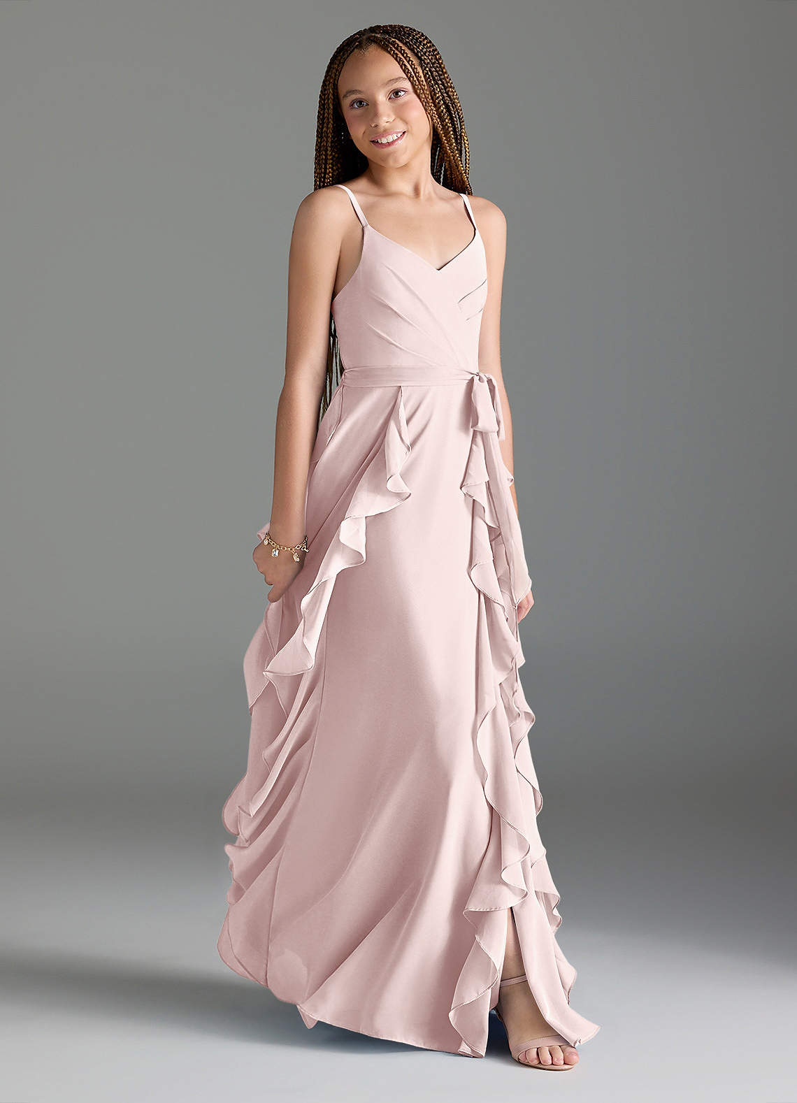 Azazie Peyton Junior Blushing Pink A-Line V-Neck Cascading Ruffles Chiffon Dress image2