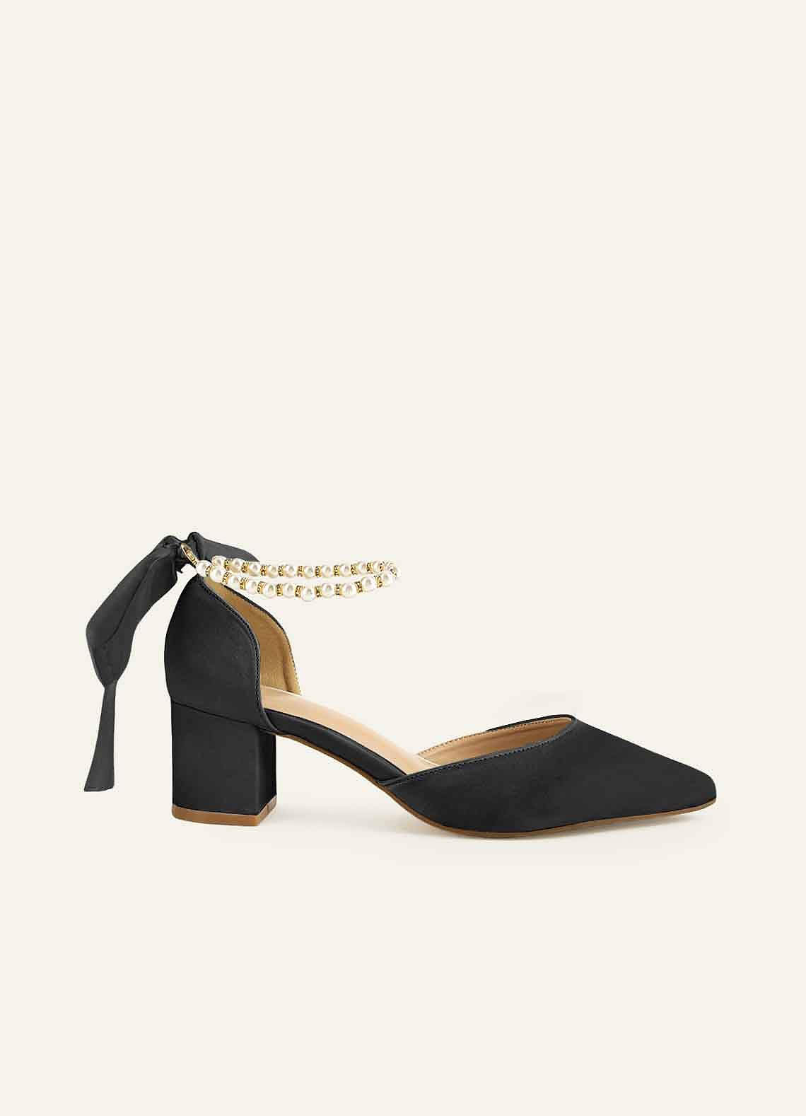 front Matching Color Matte Satin Pearl and Bow Pointed Toe Block Heels & Beaded Clutch Set