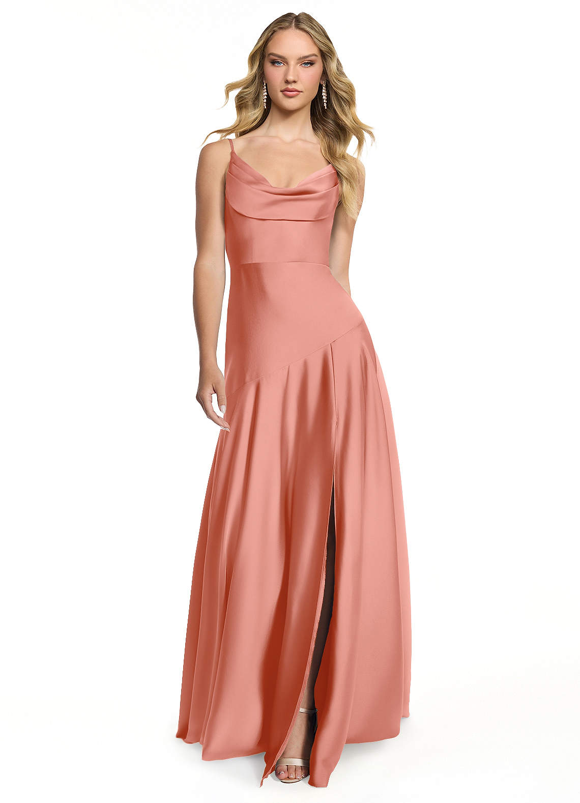 Azazie Kayla Vestidos de damas de honor Vestido de Coral de Satén Elástico de Corte Recto con Corte Lateral image1