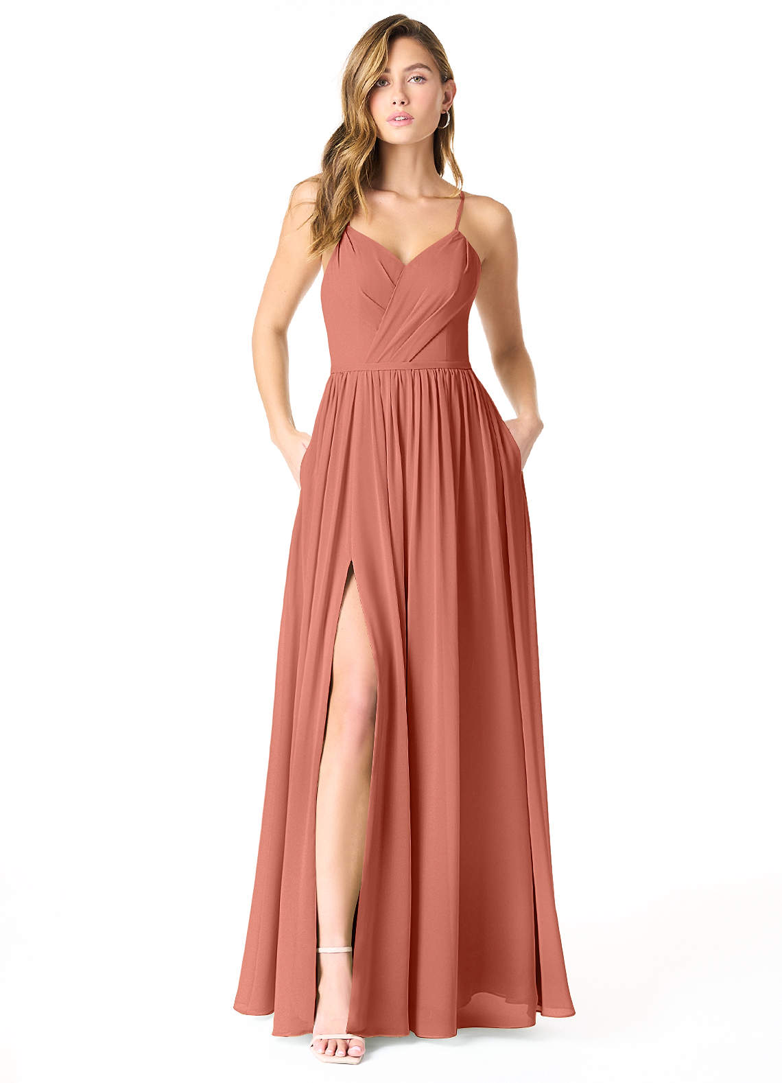 Azazie Cora Bridesmaid Dresses Clay A-Line Pleated Chiffon Dress image1