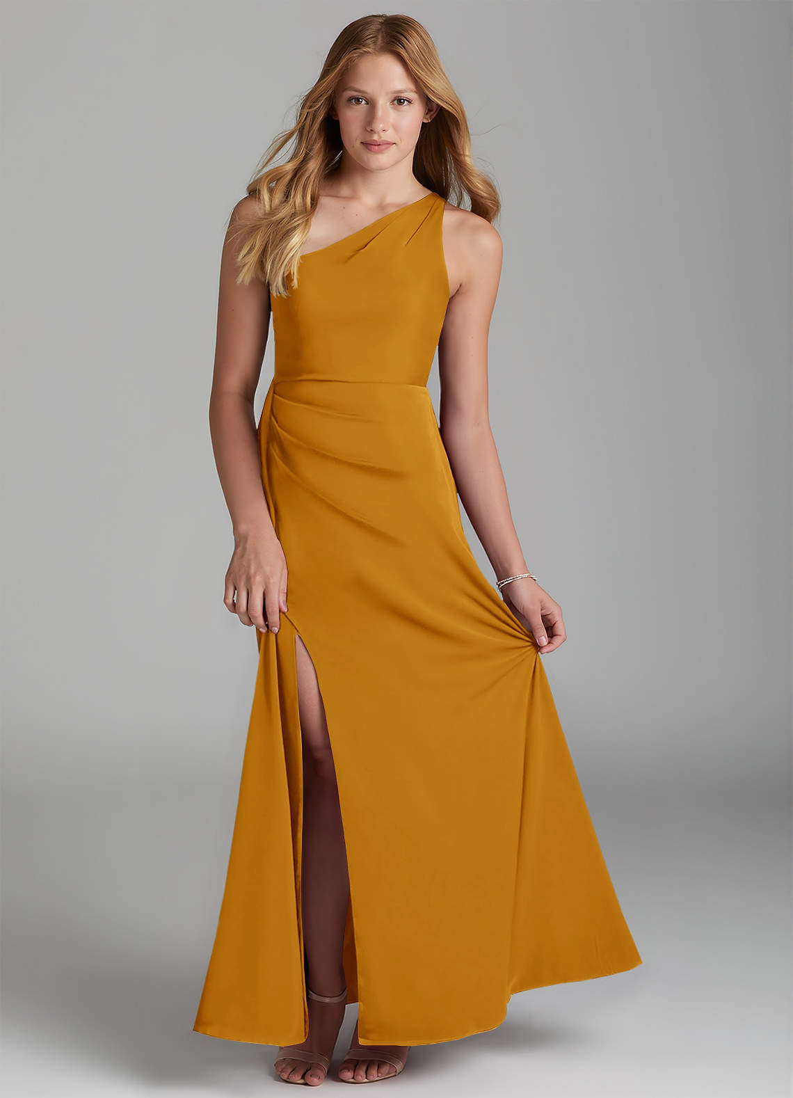Azazie Maron Junior Butterscotch A-Line Pleated Stretch Satin Dress image1