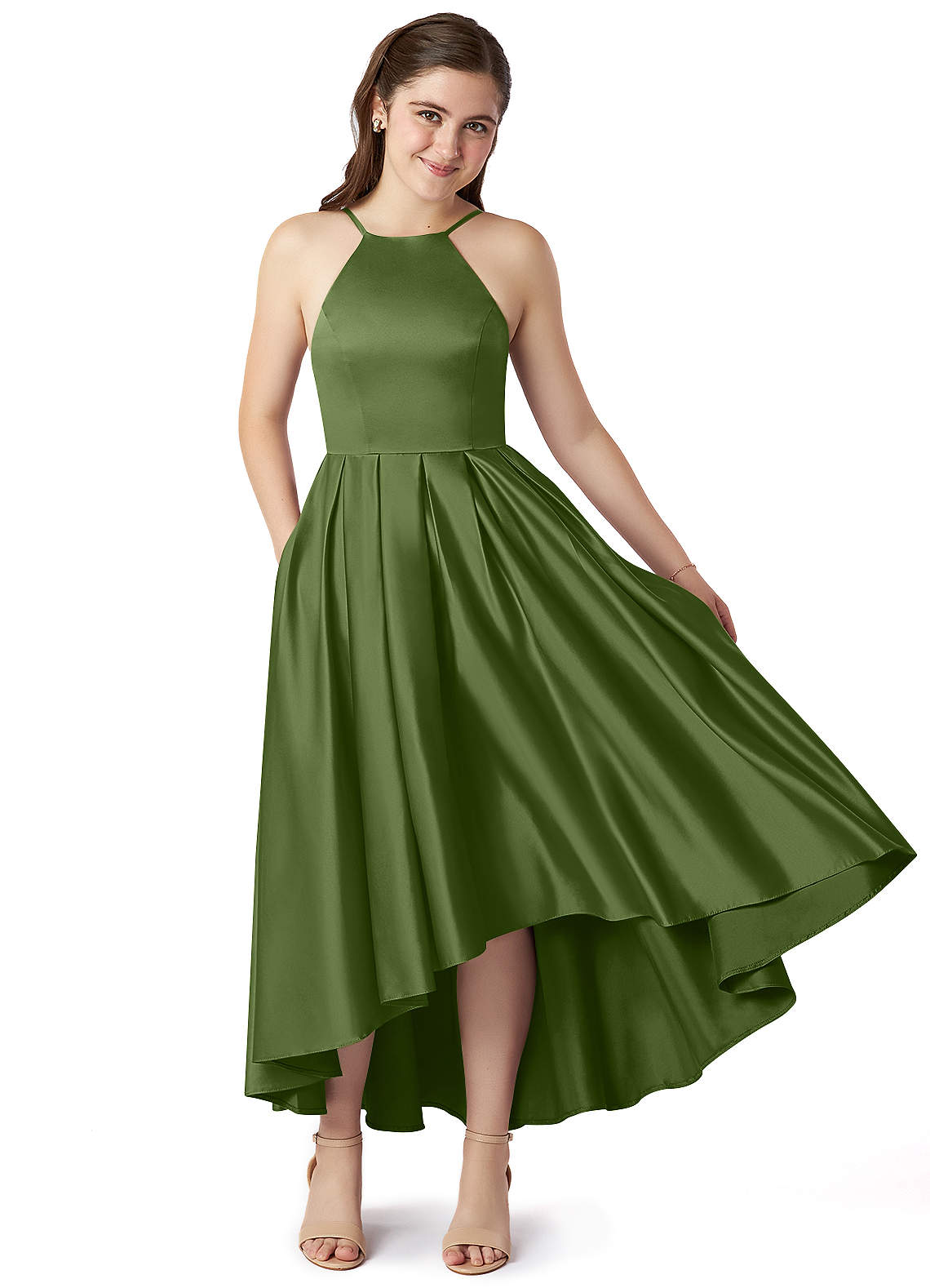 Azazie Jemima Junior Juniper A-Line with Pockets Stretch Satin Dress image1