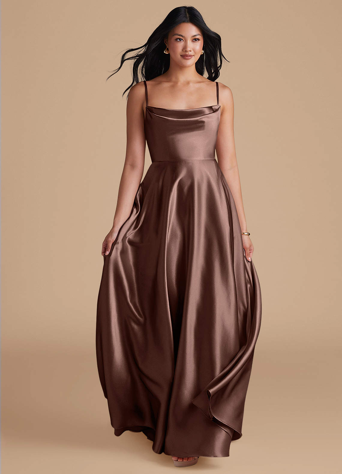 Azazie Elle Bridesmaid Dresses Espresso A-Line with Pockets Metallic Satin Dress image4