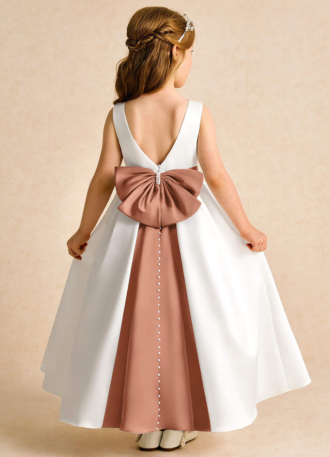 Azazie Cherry Flower Girl Dresses Ivory Bronzer Ball-Gown Pleated Matte Satin Dress image1