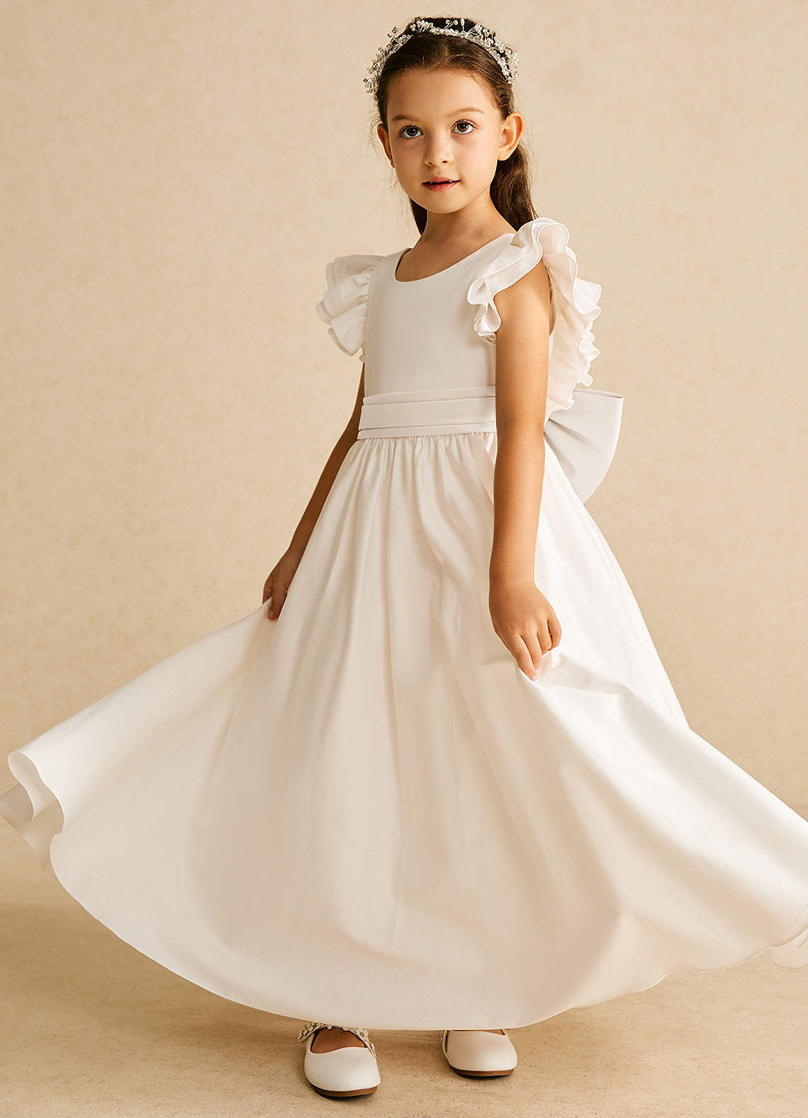 Azazie Aero Flower Girl Dresses Diamond White A-Line Pleated Cotton Dress image1