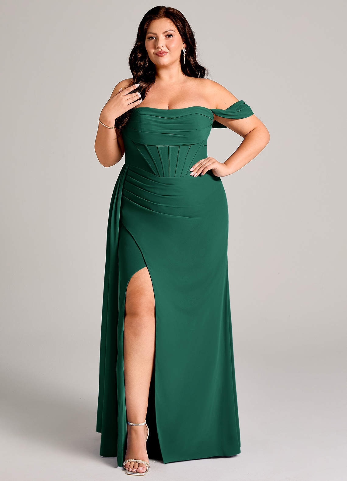 Azazie Amyra Bridesmaid Dresses Emerald Sheath Off the Shoulder Chiffon Convertible Dress image1