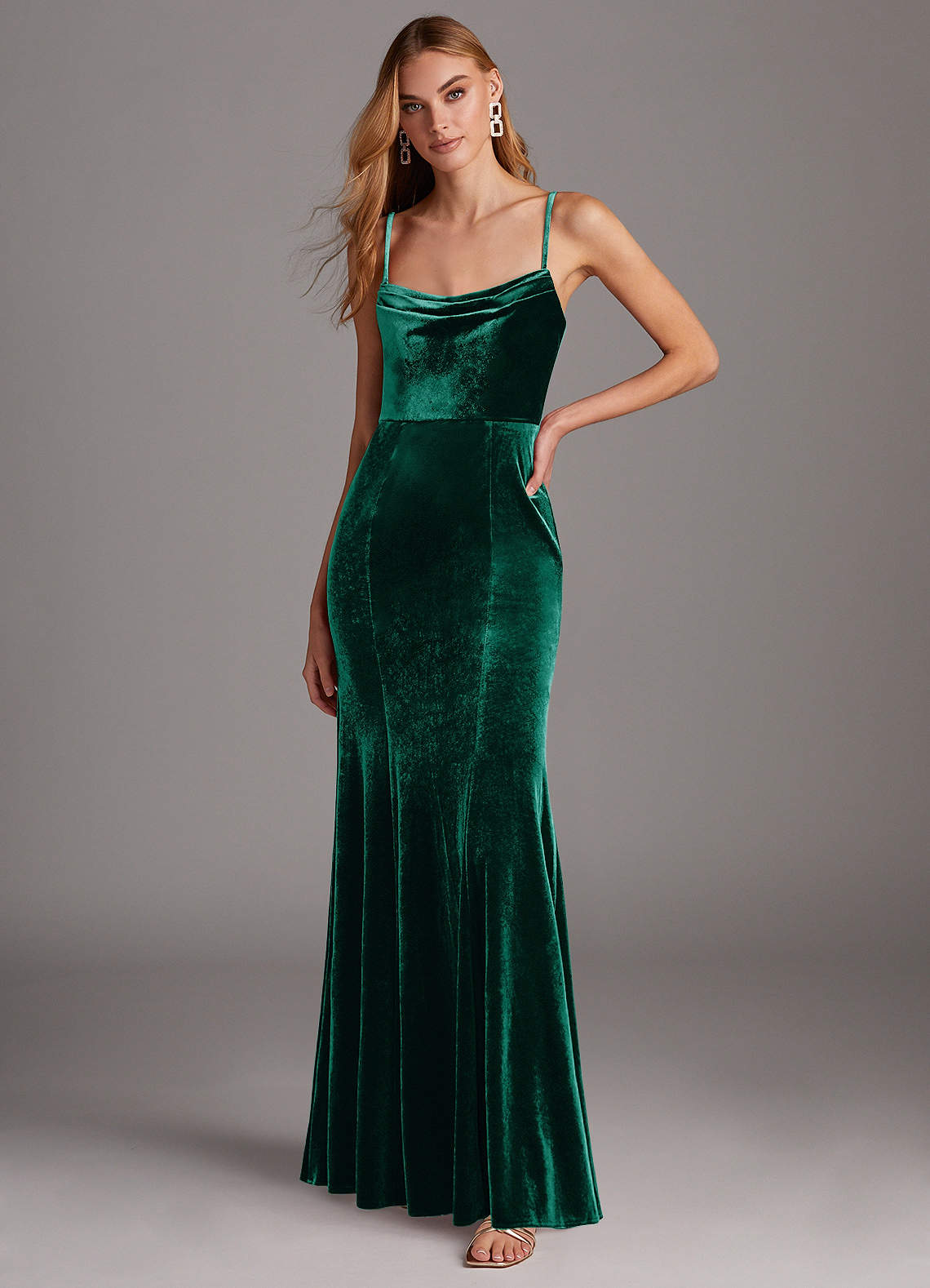 Azazie Solange Bridesmaid Dresses Emerald Sheath Pleated Velvet Dress image1