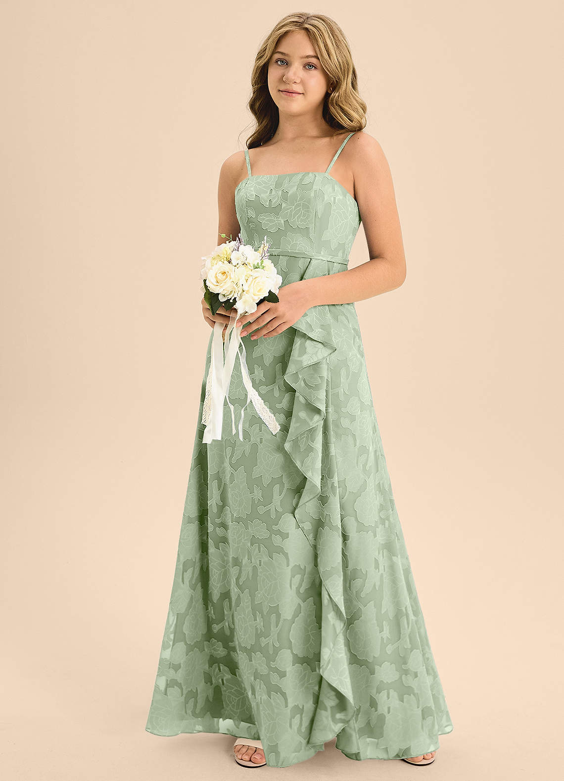 Azazie Kaylee Junior Vestido de Salvia Polvorienta de Devorado Floral de Corte En A con Con cinturón image5