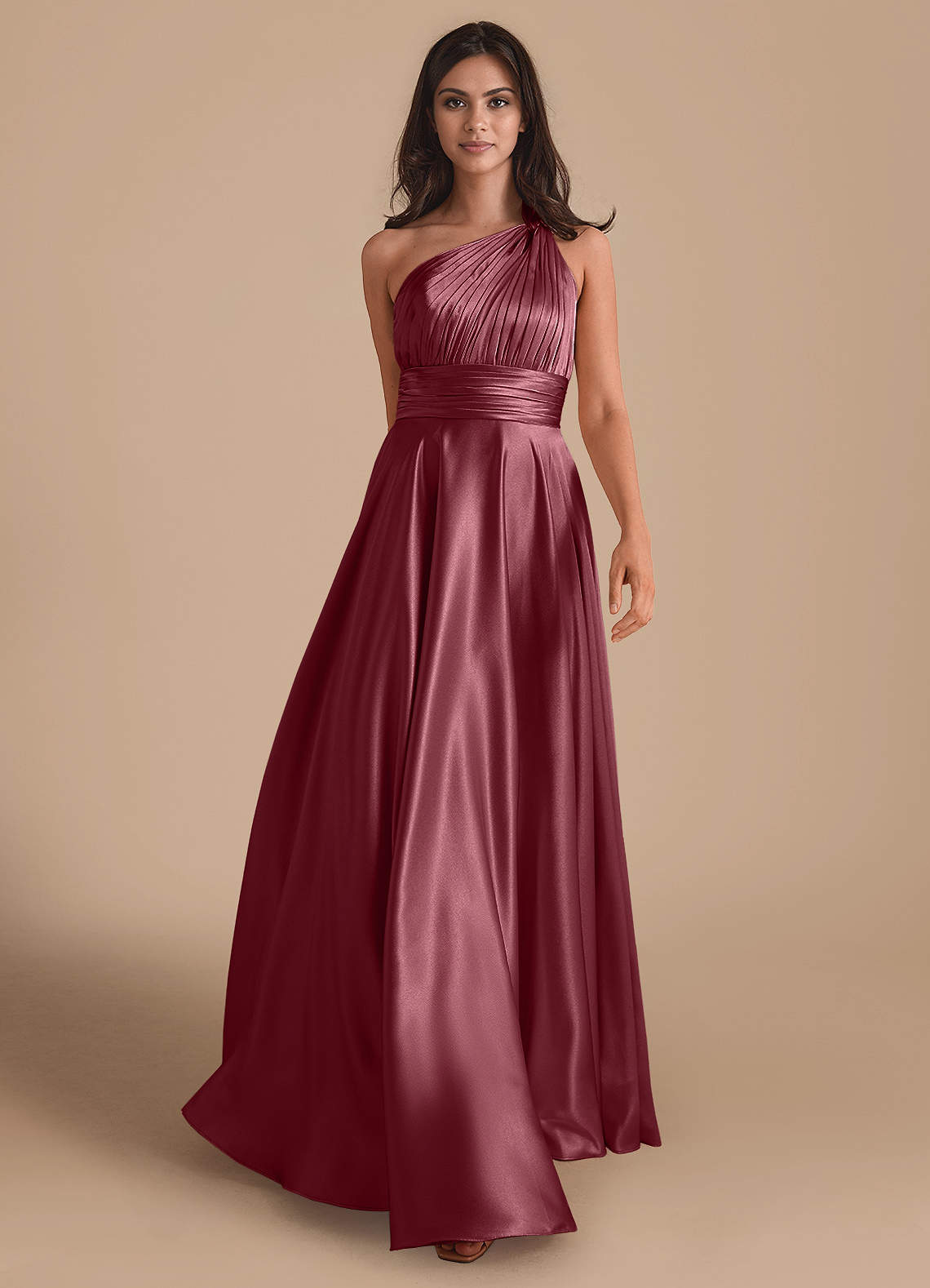 Azazie Charlize Bridesmaid Dresses Desert Rose A-Line One Shoulder Metallic Satin Dress image1