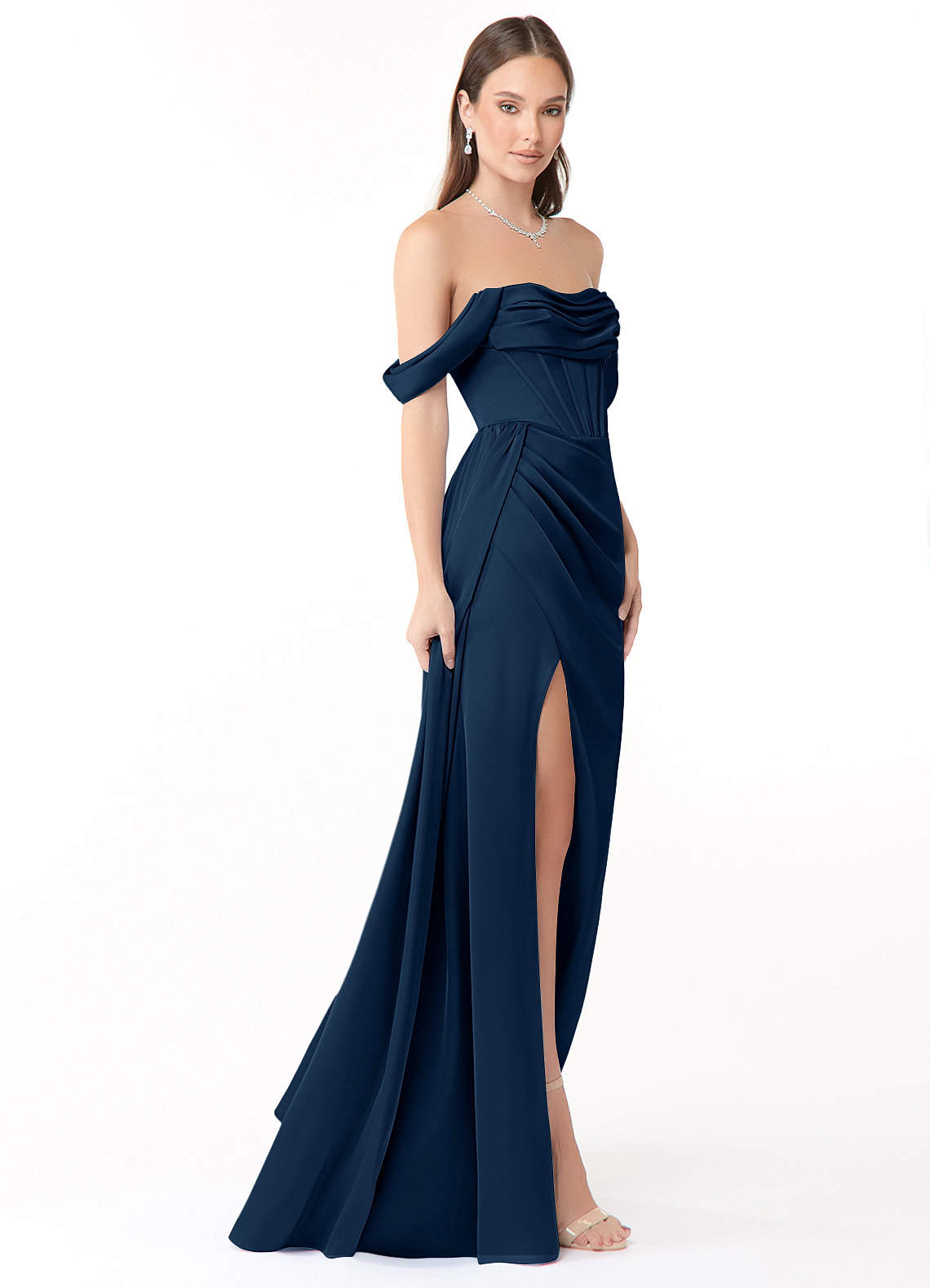 Azazie Amyra Bridesmaid Dresses Dark Navy Mermaid Off the Shoulder Stretch Satin Convertible Dress image3