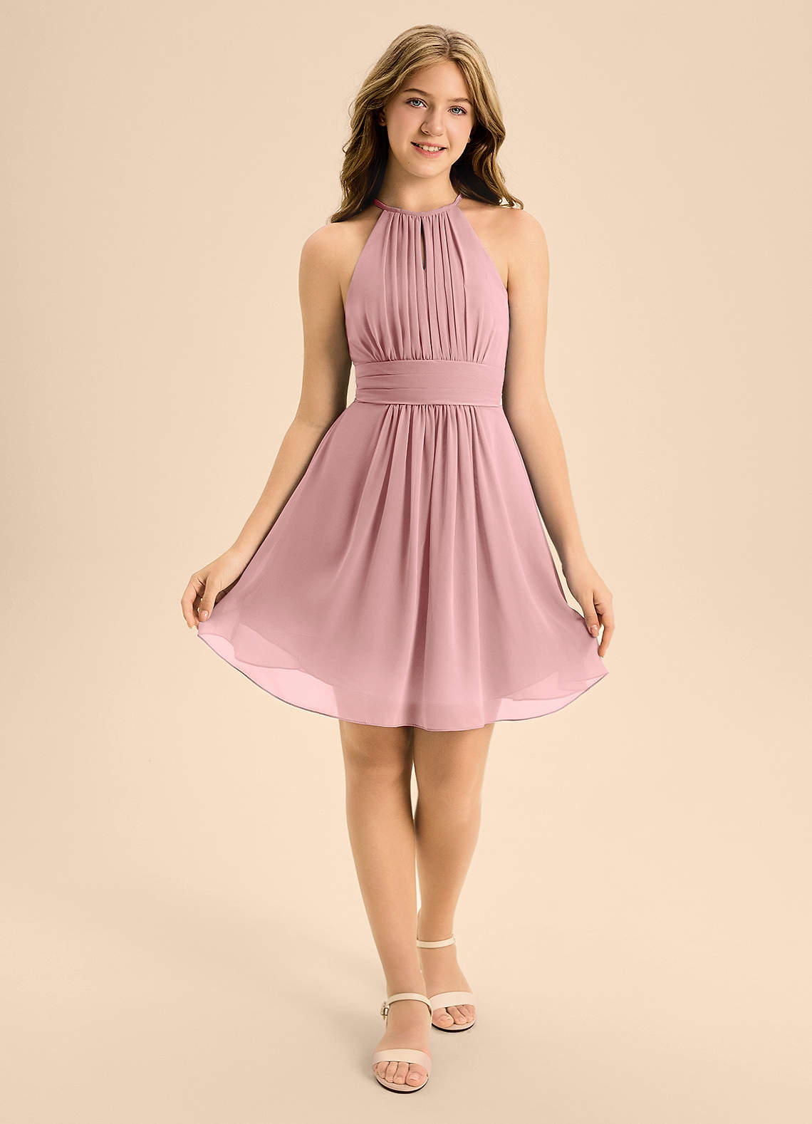 Azazie Bonnie Junior Dusty Rose A-Line Pleated Chiffon Dress image1