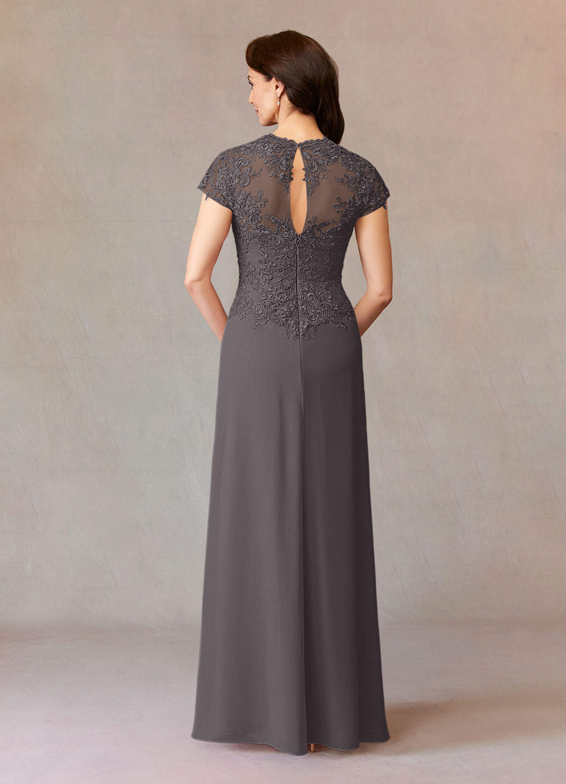 Azazie Junie Steel Grey A-Line Lace Chiffon Dress | Azazie