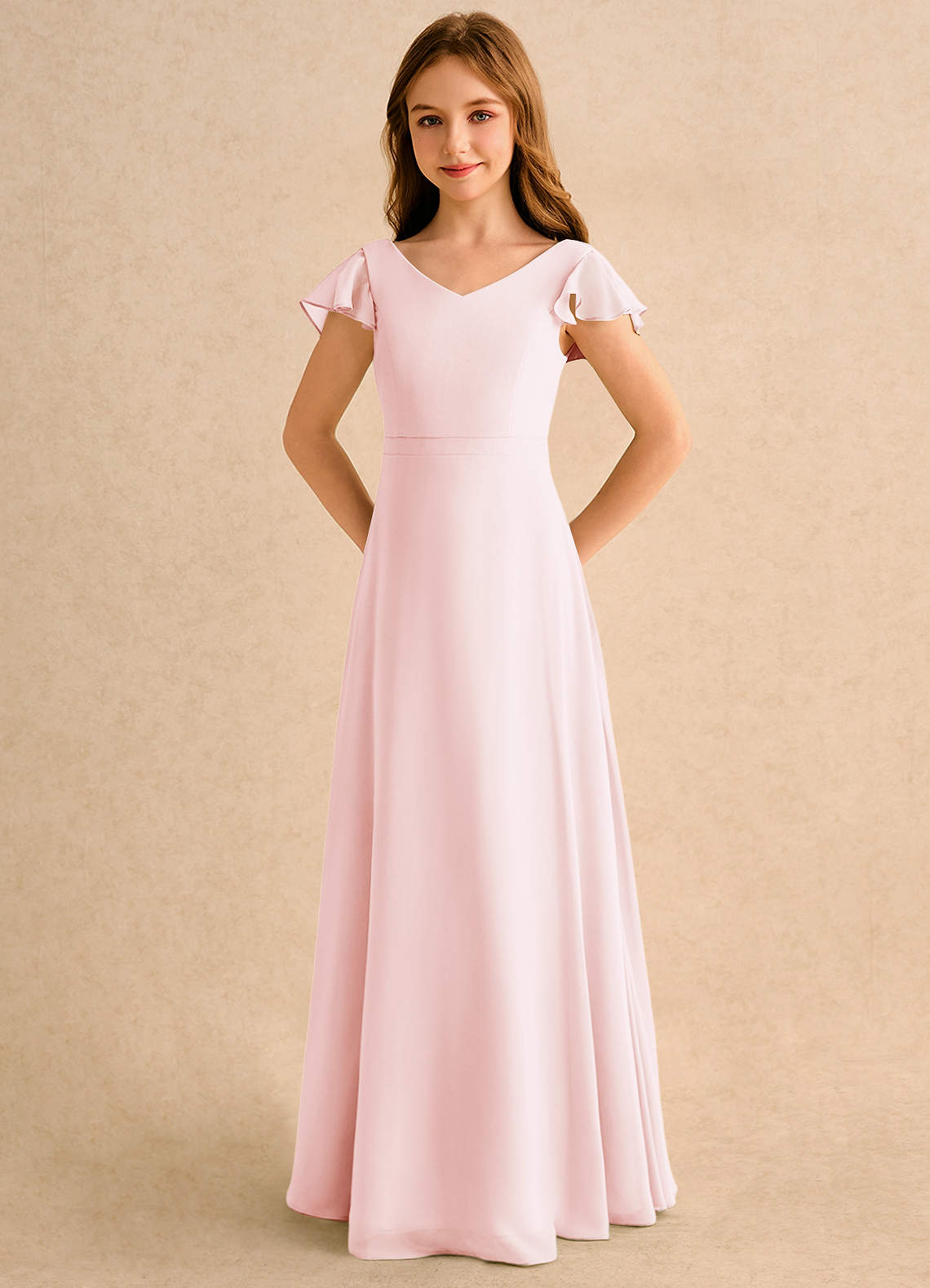Azazie Nari Girls Formal Vestidos de florista Vestido Rosa Corado de Chiffon de Linha A com com Mangas image5