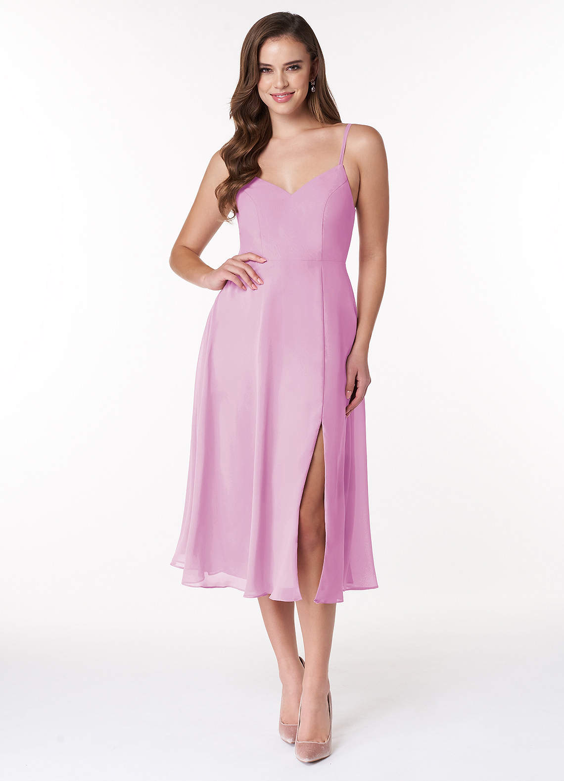 Azazie Clarissa Robes de demoiselle d'honneur Robe Trapèze en Mousseline de soie Col en V Rose Bonbon image1
