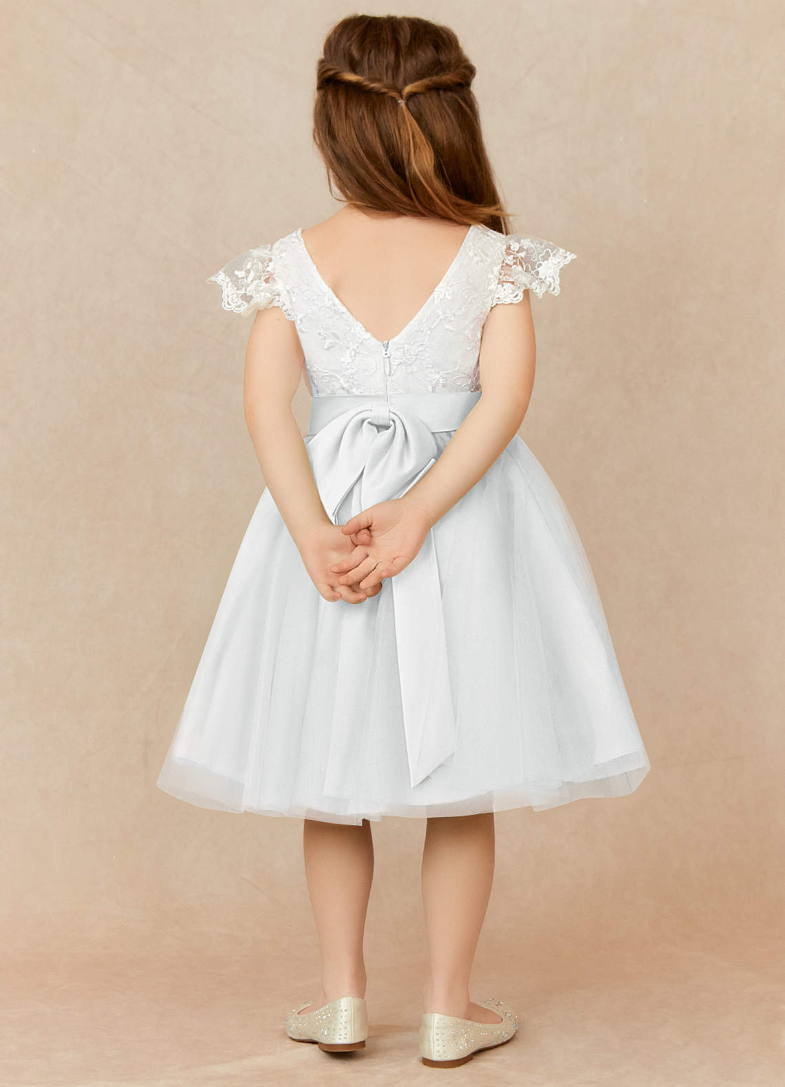 Azazie Vetty Flower Girl Dresses Diamond White A-Line Lace Tulle Dress image1